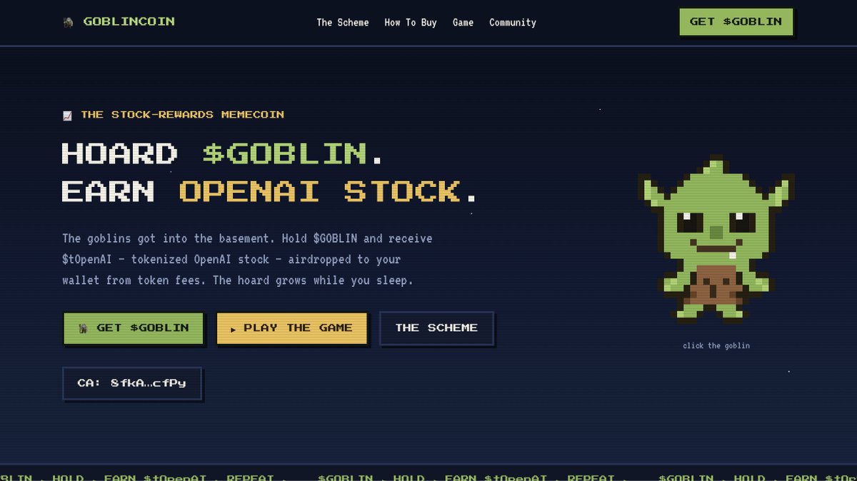 goblinstonk's tweet photo. Website live. Play the game, earn OpenAI stock.

https://t.co/u91C7Ly6nB https://t.co/PIncjAHL1A