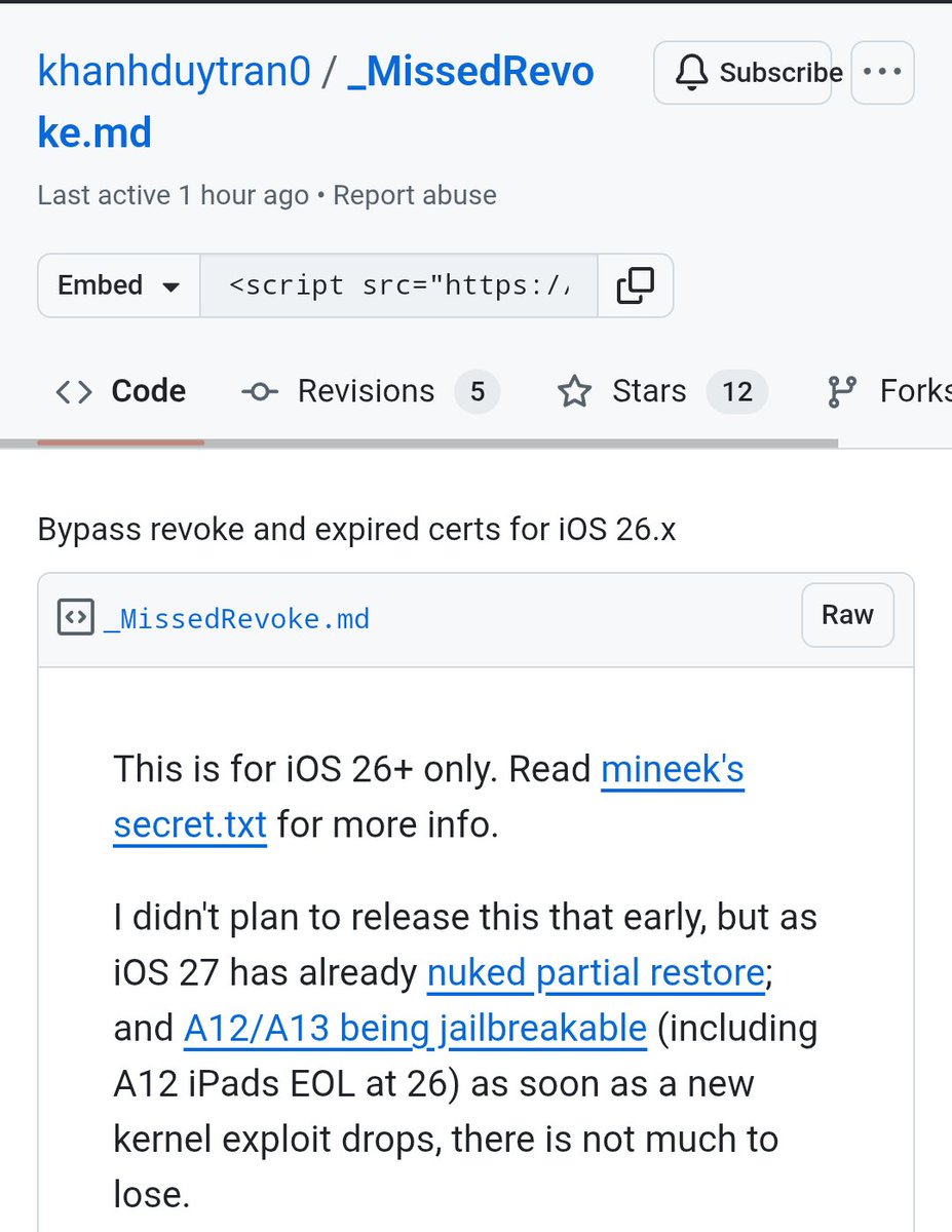 Techjunkie_Aman's tweet photo. iOS 26 has a clever new certificate bypass.

Researchers found that modifying the new mis.db certificate database can stop iOS from removing expired or revoked developer certificates.

How it works:

• Create a modified mis.db with database triggers
• Inject it through a partial restore
• iOS can then ignore certain expiration/revocation changes
• Setting the date back can also launch expired apps

This could potentially revive expired 7-day signing apps.

It doesn't bypass certificate blacklisting by itself, but it's a very interesting development for iOS 26 sideloading.