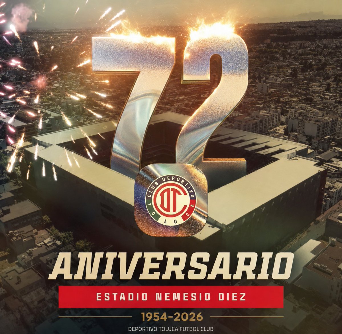 EstadioToluca's tweet photo. 𝟳𝟮 𝗔𝗡𝗜𝗩𝗘𝗥𝗦𝗔𝗥𝗜𝗢 🏟🎂🥳🎉🎊

Este 8 de agosto, el Estadio Nemesio Diez celebra 72 años de haber sido inaugurado.

El hogar del @TolucaFC ha sido testigo de 11 de los doce títulos de los Diablos, sede de las Copas del Mundo de 1970 y 1986, entre miles de historias más. https://t.co/TXhf0aNWKo