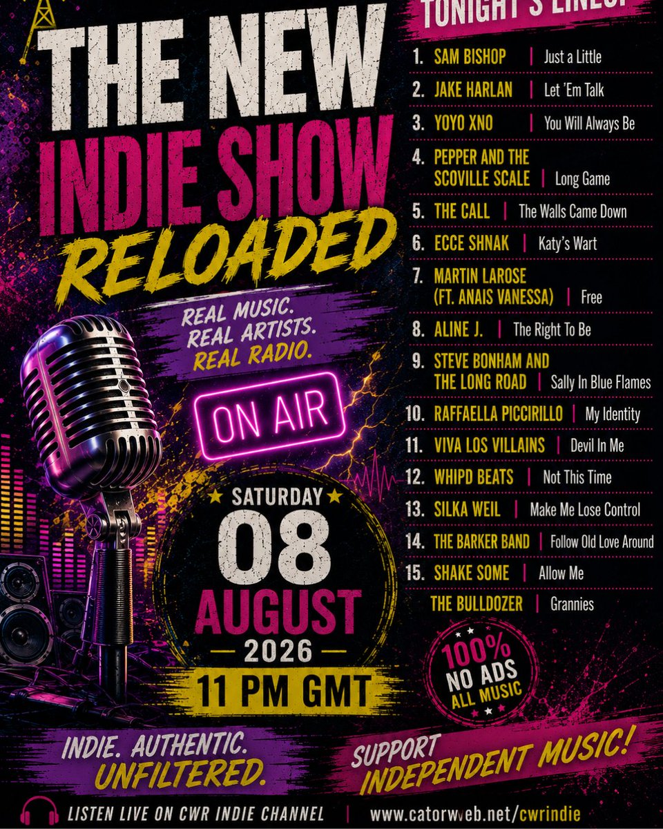 catorwebradio's tweet photo. #NowPlaying #TheNewIndieShowReloaded
#SamBishop
#JakeHarlan
@Yoyo_xno
#PepperandTheScovilleScale
#TheCall
@EcceShnak
#MartinLarose
#AlineJ
@thelongroadband
#RaffaellaPiccirillo
#VivaLosVillains
#WhipdBeats
#Silka Weil
@TheBarkerBand
#ShakeSome
#TheBulldozer https://t.co/AOkhoQhork