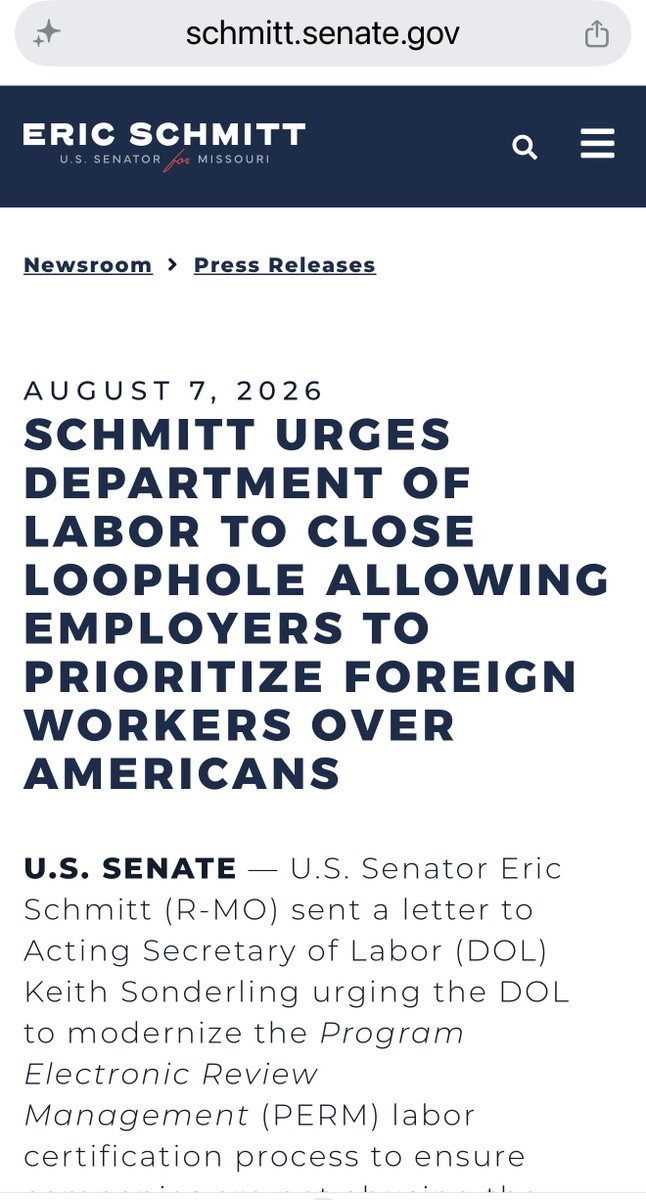 SanDiegoKnight's tweet photo. This is getting interesting.

Two days ago I posted my proposal to make PERM bulletproof for American workers.

Yesterday, Sen. Eric Schmitt called on the Department of Labor to overhaul PERM and close loopholes that allow employers to prioritize foreign workers.

Here is exactly what he wants:

• Require every PERM job to appear on the employer’s normal careers page.

• Require it to also appear on at least one widely used online job platform.

• Force employers to use the same application process for PERM jobs that they use for comparable non-PERM jobs.

• Require employers to document every American who applies for a PERM position.

• Require employers to explain why every rejected American applicant was rejected.

• Require employers to certify that the position was not reserved for a foreign worker.

• Require employers to identify and notify recently laid-off American workers who may qualify for the PERM position.

• Require those potentially qualified laid-off Americans to be given interviews.

• Require a written explanation when those American workers are rejected.

• Require DOL to disclose data on PERM audits and fraud.

• Require data showing PERM applicants’ prior participation in OPT and H-1B.

That’s a very good start.

Now finish the job:

• Publish salary ranges.
• Require interview notes and scorecards.
• Ban job requirements tailored to a preselected candidate.
• Audit every labor certification before approval.
• Permanently debar repeat offenders.
• Refer intentional fraud for criminal prosecution.

The burden should be on the employer to prove that a qualified American wasn’t available.

If that’s really true, proving it shouldn’t be difficult.

https://t.co/1QI1opZmx9
