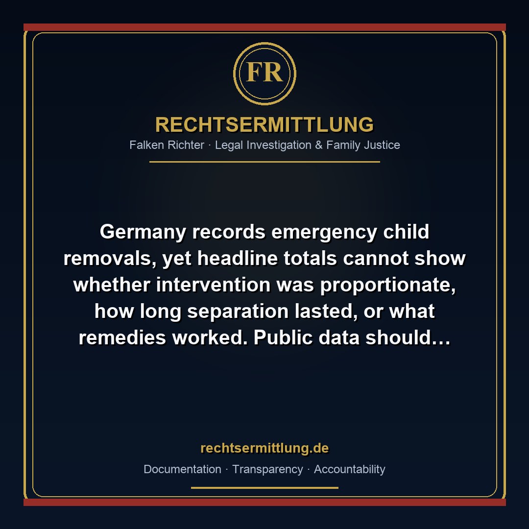 FalkenRichter's tweet photo. Germany records emergency child removals, yet headline totals cannot show whether intervention was proportionate, how long separation lasted, or what remedies worked. Public data should track process and outcomes, not only interventions. #Kinderrechte #FamilyJustice https://t.co/3SpS66eOFz