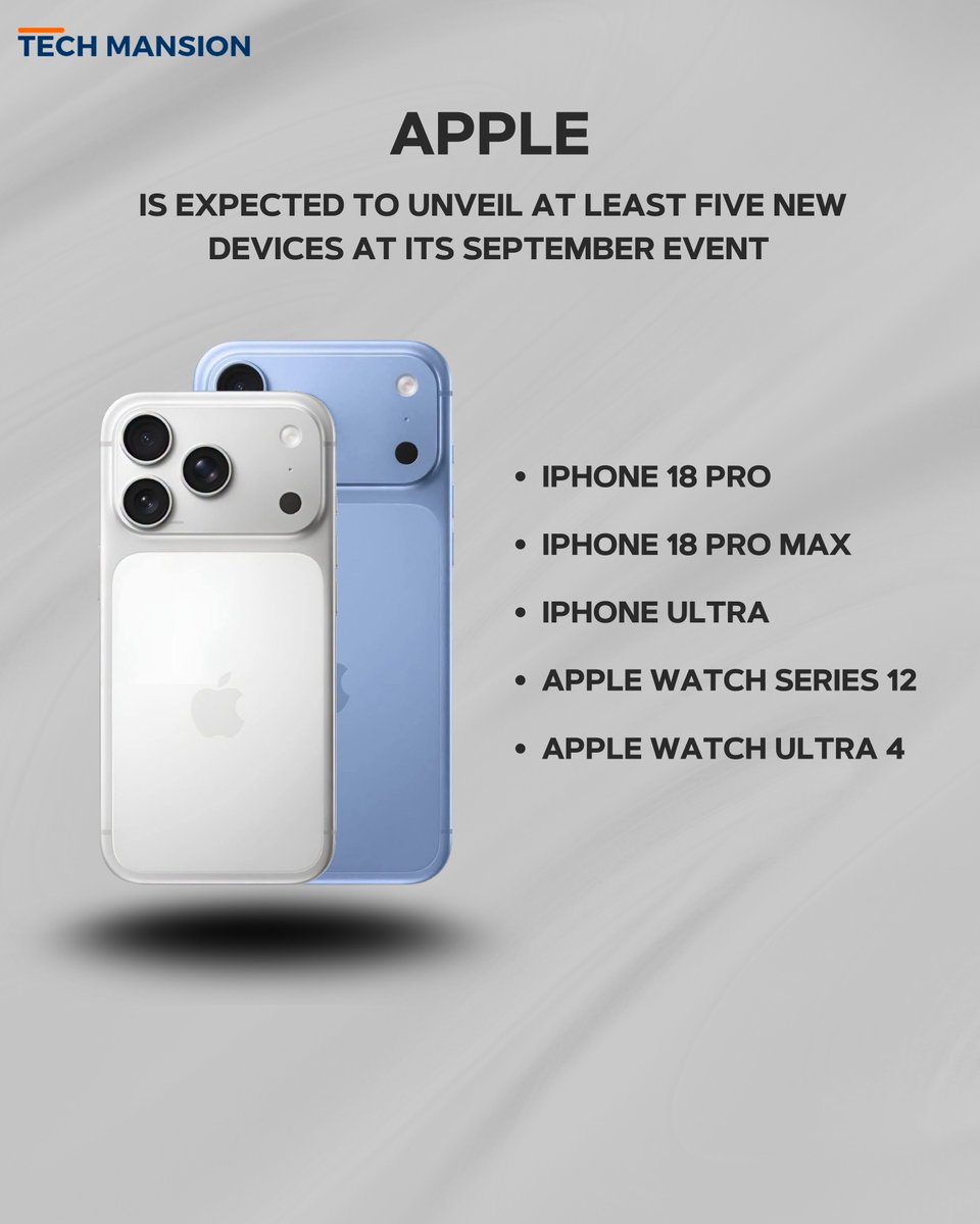 TechMansion's tweet photo. Apple: At least five new devices are expected to be unveiled at the company’s September event, making this year’s launch one to watch.
#apple #iPhone #TechNews #appleevent #techleaks https://t.co/BKcfRpZEAj