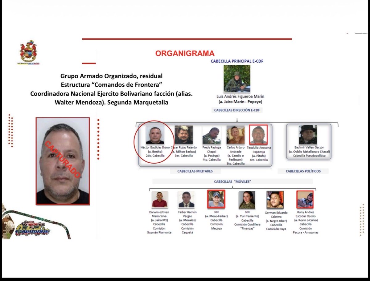ABDELAESPRIELLA's tweet photo. Golpe contundente contra el crimen organizado.

El Ejército Nacional, a través del GAULA Meta, capturó en el municipio de Guamal, Meta, al segundo cabecilla de los mal llamados “Comandos de Frontera”, integrante del GAOR Estructura 48, conocido con los alias de “Bonito” o “Boni”.

Esta captura, realizada por orden judicial y gracias al trabajo de inteligencia, demuestra que la Fuerza Pública está actuando para recuperar la seguridad y la tranquilidad de los colombianos.

A los delincuentes se les acabó la impunidad. La autoridad del Estado se respeta.

¡Patria, Honor y Lealtad!

Nuestro compromiso es Colombia.

¡Firme por la Patria! 

(A.D.L.E) 🇨🇴🐅