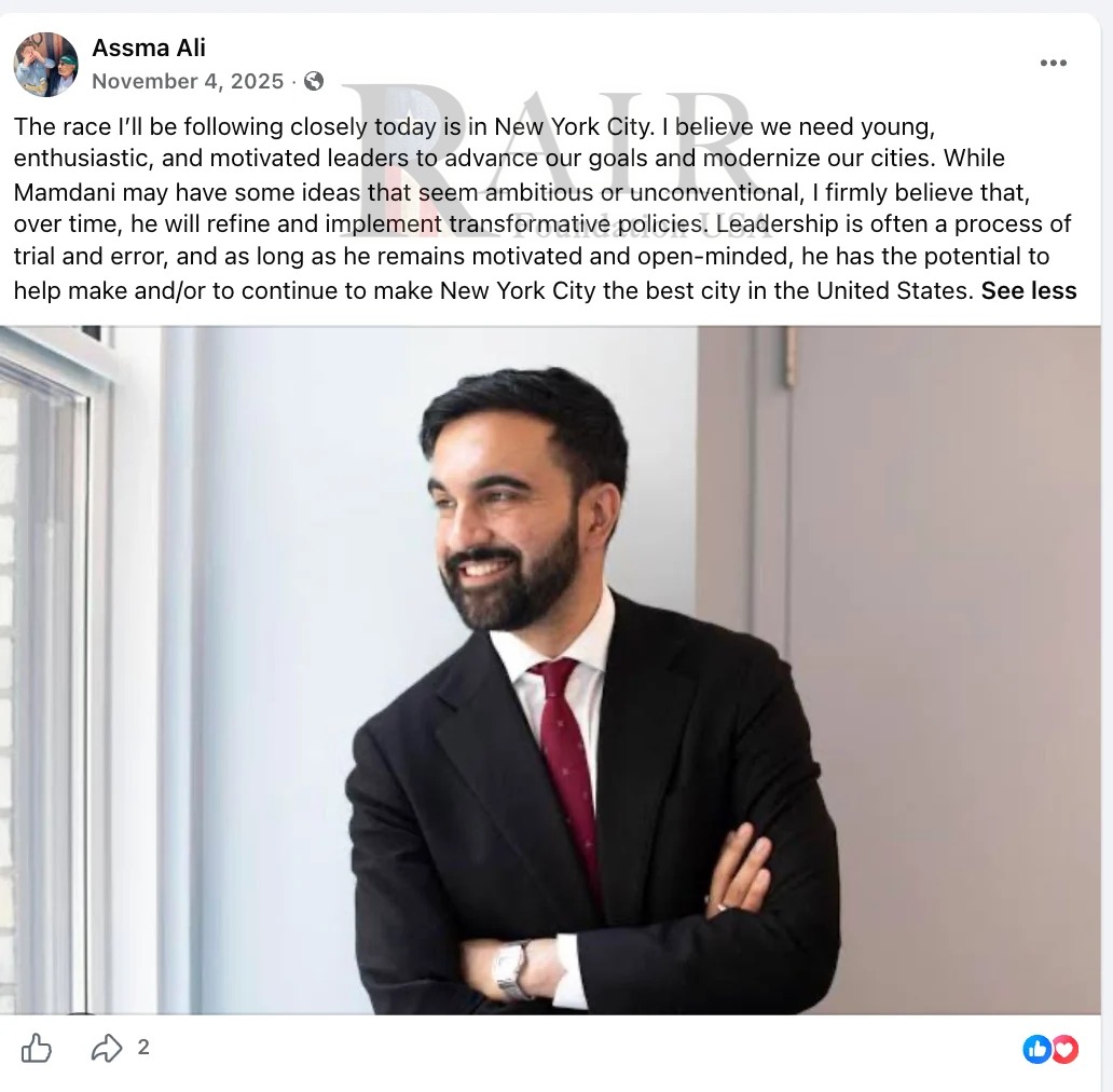 AmyMek's tweet photo. 🚨BREAKING MISSISSIPPI... 

Another post from your brand-new Sharia-hijabi judge seems to have quietly disappeared. Do not worry, we have captured everything...

On November 4, 2025, Assma A. Ali publicly threw her support behind Zohran Mamdani - the radical Democratic Socialists of America Islamic operative who is now New York City’s mayor.

She wrote that she believed in “young, enthusiastic, and motivated leaders” like him who would implement “transformative policies,” and posted a smiling photo of him.

That Facebook post is no longer visible....WHY!? 

 Remember, Mississippi, this is exactly who she was backing...protect your red state! 

• In a 2017 rap song, he declared “My love to the Holy Land Five” - the five jihadis convicted of funneling more than $12 million to Hamas

• He has repeatedly called for abolishing ICE, described it as a “rogue agency,” and produced videos teaching people how to refuse cooperation with federal immigration agents

• Longtime DSA member who previously called for defunding and dismantling the NYPD, labeling it “racist, anti-queer & a major threat to public safety” and “wicked & corrupt”

• Openly supports ending the “carceral system”

• Card-carrying member of the DSA, which has adopted anti-Zionism (aka anti-Jews)  as a core principle and endorses nazi-like BDS 

• Repeatedly accused Israel of “genocide,” said New York City “would arrest” Netanyahu, refused to clearly condemn “Globalize the Intifada,” and on day one revoked the city’s IHRA Jew-hatred definition

This is not mainstream progressive politics.

This is open alignment with an ideology that views America as an imperialist power and seeks radical transformation of its institutions.

And this is who Mississippi is allowing to be put into any type of power position!? 

WE MUST PROTECT OUR RED STATES OR OUR COUNTRY WILL FALL!  ZERO EXCUSES! 

SEE OUR REPORT: https://t.co/Izlj6ufpxi