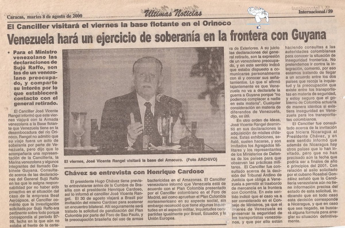 AntroCanal's tweet photo. #8Ago 2000 El Canciller Jose Vicente Rangel, la Armada venezolana y miembros del "Gabinete Guyana" visitarán base flotante en el Orinoco. Buscará reunirse con el GD Suju Raffo pero aclaró que Venezuela no declarará la guerra a Guyana. #Mimapa #UnDiaComoHoy https://t.co/DV9eXxoVWF