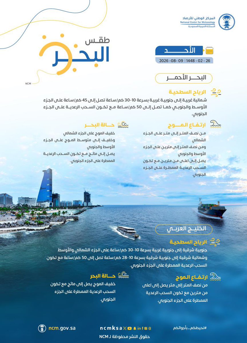 NCMKSA's tweet photo. حالتا #البحر_الأحمر و #الخليج_العربي اليوم #الأحد 2026/8/9م

#نحيطكم_بأجوائكم https://t.co/WU6P1GjFz4