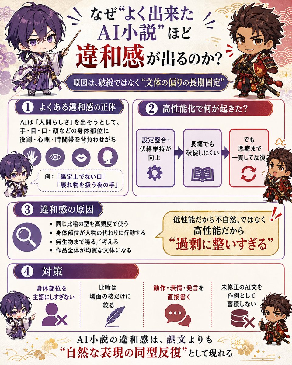 x2775co's tweet photo. 最近、設定やストーリーの破綻が少ない高度な長編AI小説ほど、別の問題が目立つようになってきた。
身体部位を使った比喩など、「人間らしい文章表現」の型まで長期的に固定・反復され、作品全体が均質化してしまう問題。

この原因をある程度言語化できたので、対策用のリポジトリをClaude CodeとCodex CLIの両方で作って試してみた。
結果、検知範囲と「不自然な表現を自然な文章へ直す力」は、大きく向上して比喩も自然になった。
（補足するとCodex CLI（GPT-5.6 Sol / High）のほうがClaudeより明らかに性能が良かった）

ここで面白かったのが、AIは

「この比喩は必要か？」
「ここは直接描写したほうが自然か？」
という判断そのものができないわけではない、ということ。

むしろ今のClaudeやGPTは大量の文章パターンを学習しているので、その区別自体はかなりできる。

問題は、

「その判断を、どの程度文章へ適用してよいのか」という指示がないこと。

その結果、人間の小説家ならよく言われる、

・文学的な表現を用いる
・情緒を重視する
・説明的な文章を避ける
・同じ主語や語尾を繰り返さない
・行動を直接説明せず、描写で示す

といったアドバイスを、AIがものすごく忠実に実行してしまう。
人間なら能力や癖の問題で全部を常時実践することなんてできない。
でも今のAIは、圧倒的な語彙力とパターン学習量で、全部を同時に、しかも延々と守れてしまう。
その結果、
「手」「目」「口」「声」などに心理や役割を背負わせる。
単純な動作まで比喩や換喩に変換する。
直接書けば済む場面まで“文学的”にする。

そして一文ずつ見ると上手いのに、長編として読むと同じ種類の「美しい文章」が反復され、人間の文章にはない違和感で逆にAIっぽくなっていく。

これ、一時期モデル更新直後に

「ポン出しなのに物凄い文章力の小説が書けた！」

と驚かれた理由にもつながっている気がする。

短い範囲では、その過剰な文章能力が「圧倒的に上手い」に見える。
でも長編になり、設定維持や外部記憶、Skillへの追従性能まで上がったことで人間には出来ない物凄い文章力を全編に適用、なんてことが出来てしまった。
生成AIの文章性能が上がって、人間側の使い方もこなれてきたからこそ見え始めた欠点だと思うと、なかなか面白い。

たぶんこれを解決したら、またその先に新しい「高性能化したからこその違和感」が出てくるんだろうなぁ（笑）
