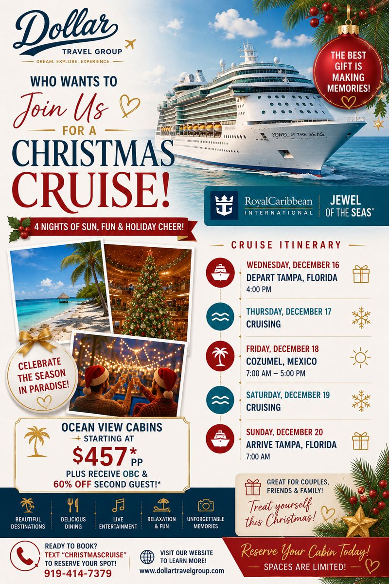 dollardidit's tweet photo. Who wants to escape the holiday hustle and celebrate Christmas at sea? I've put together a 4-Night Cruise aboard Royal Caribbean's Jewel of the Seas sailing from Tampa on December 16–20, 2026! And I already have over 16 people going!! Text "ChristmasCruise" to 919-414-7379 https://t.co/V83rVGiIzW