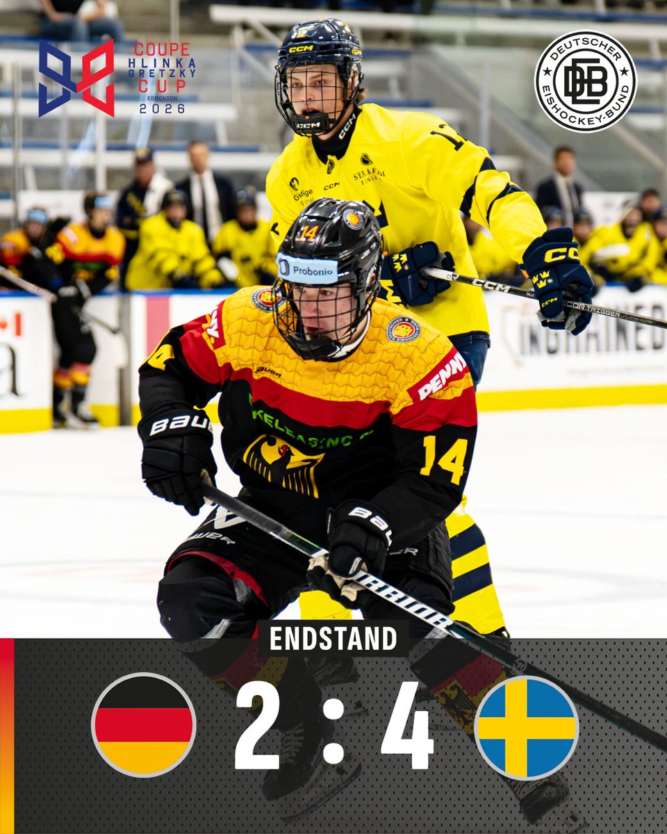 deb_teams's tweet photo. Hlinka Gretzky Cup 2026: Die U18-Nationalmannschaft unterliegt zum Turnierabschluss gegen Schweden mit 2:4 (1:2, 1:0, 0:2). 

DEB-Torschützen: Jonas Schwarz (13.), Pepe Kretzschmar (30.). 

Stats #GERSWE: https://t.co/wzwtLFhtdh 

#debteams https://t.co/bvn6ZxapdM