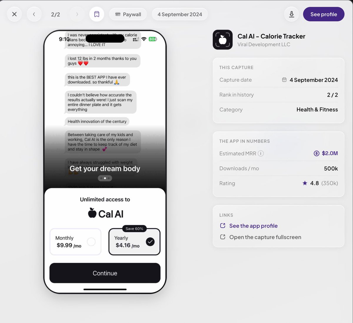 k2_build's tweet photo. Cal ai has one of the best paywalls i've ever seen!!!

they put social proof directly in text message format to psychologically project the person before they pay, it's rly smart bc putting it in sms form makes it feel ultra natural

screenshot from @peekly_app https://t.co/lh53pldBJR