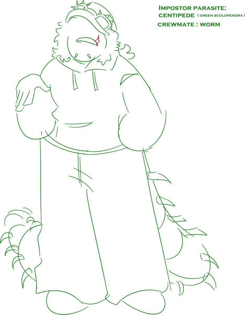 DEATHGREENLY's tweet photo. headcanon that crew green used to have a worm tail,but until the parasite hosted them,it turned slowly into a venomous centipede / https://t.co/qHwrsUpUWy