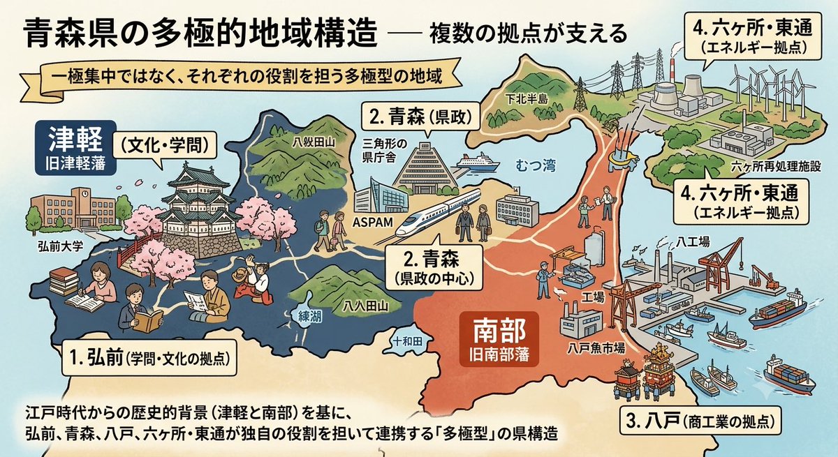aa_kamimura's tweet photo. 青森に「中心」を一つ求めるのがズレてる。

青森は元から多極型だ。
江戸時代から津軽と南部で藩が分かれてた。

弘前は学問・文化の拠点。
青森は県政の中心。
八戸は商工業の拠点。
さらに六ヶ所や東通がエネルギー拠点として加わってる。

一極集中前提で地方を見ると、
「どこが中心？」って聞き方しかできなく��る。

でも青森みたいに、最初から複数の拠点で回ってる県もある。
その前提を疑わないと、地方の構造は見えてこないんだよな。