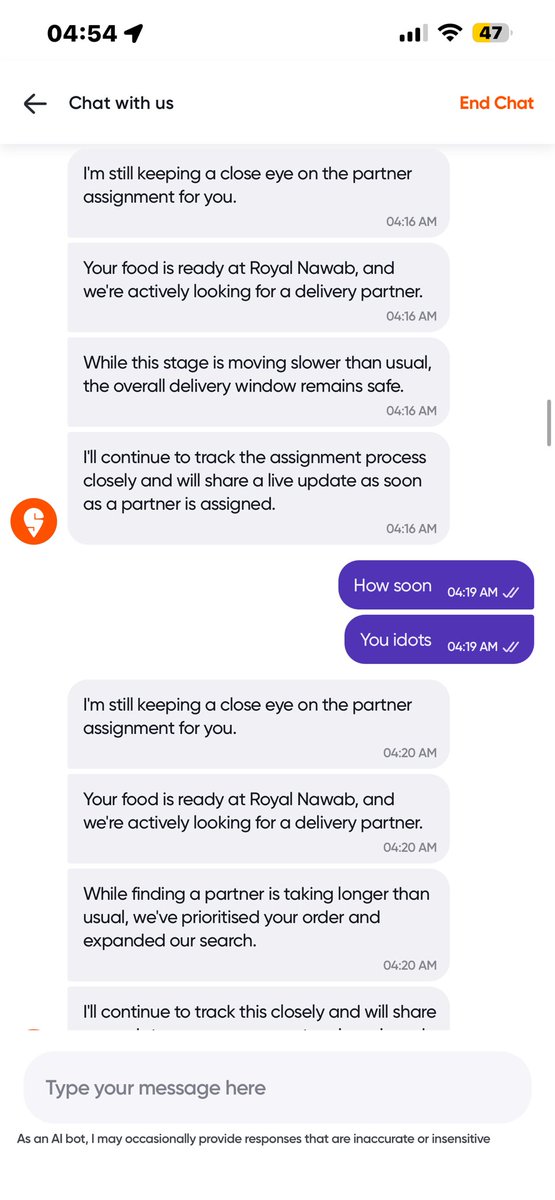 Kirandarling868's tweet photo. What’s fuxking wrong with @Swiggy  @SwiggyCares  @WeAreSwiggy it’s been almost 1 hr. Delivery executive has not arrived.. since one hour only the BOT is replying why can’t you assign real agent atleast on the chat. #stoporderingfromswiggy https://t.co/8uLJuPyD33