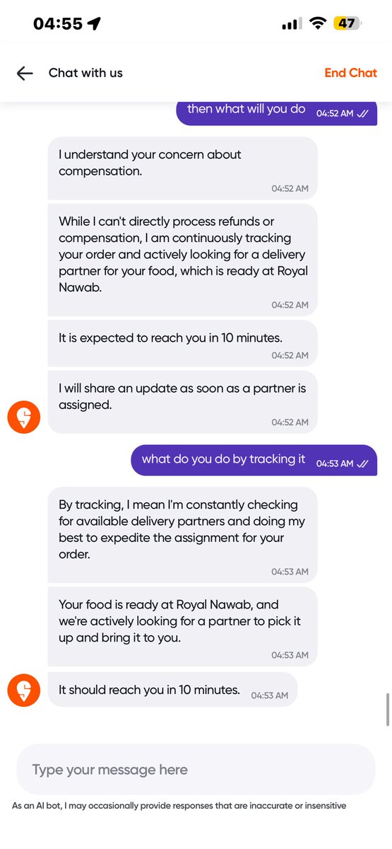 Kirandarling868's tweet photo. What’s fuxking wrong with @Swiggy  @SwiggyCares  @WeAreSwiggy it’s been almost 1 hr. Delivery executive has not arrived.. since one hour only the BOT is replying why can’t you assign real agent atleast on the chat. #stoporderingfromswiggy https://t.co/8uLJuPyD33