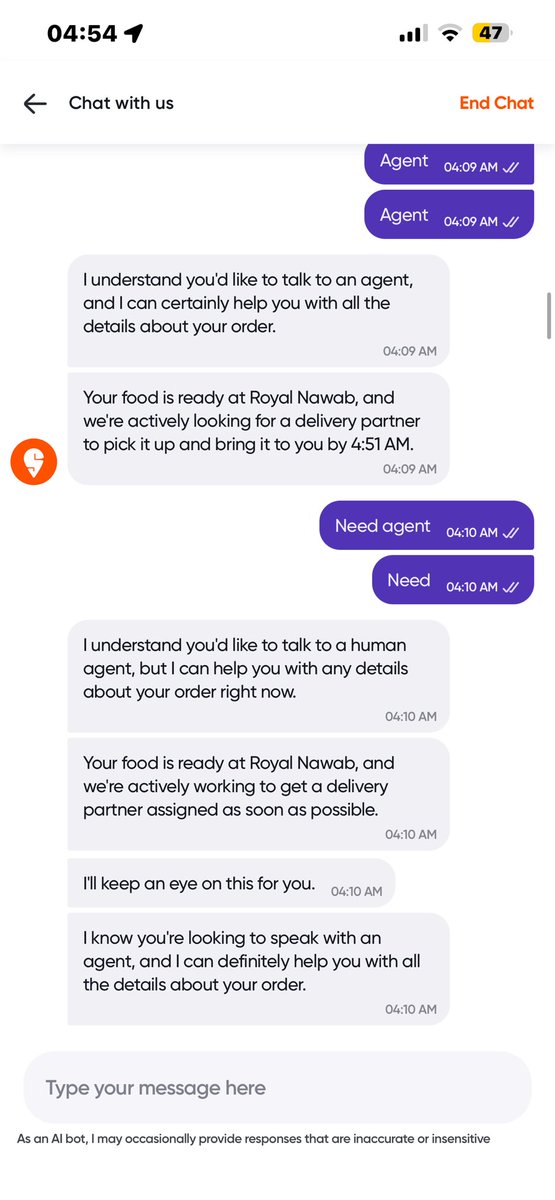 Kirandarling868's tweet photo. What’s fuxking wrong with @Swiggy  @SwiggyCares  @WeAreSwiggy it’s been almost 1 hr. Delivery executive has not arrived.. since one hour only the BOT is replying why can’t you assign real agent atleast on the chat. #stoporderingfromswiggy https://t.co/8uLJuPyD33