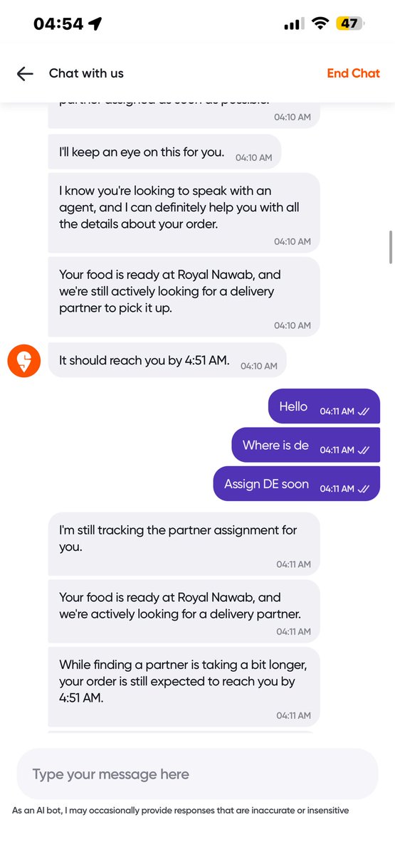 Kirandarling868's tweet photo. What’s fuxking wrong with @Swiggy  @SwiggyCares  @WeAreSwiggy it’s been almost 1 hr. Delivery executive has not arrived.. since one hour only the BOT is replying why can’t you assign real agent atleast on the chat. #stoporderingfromswiggy https://t.co/8uLJuPyD33