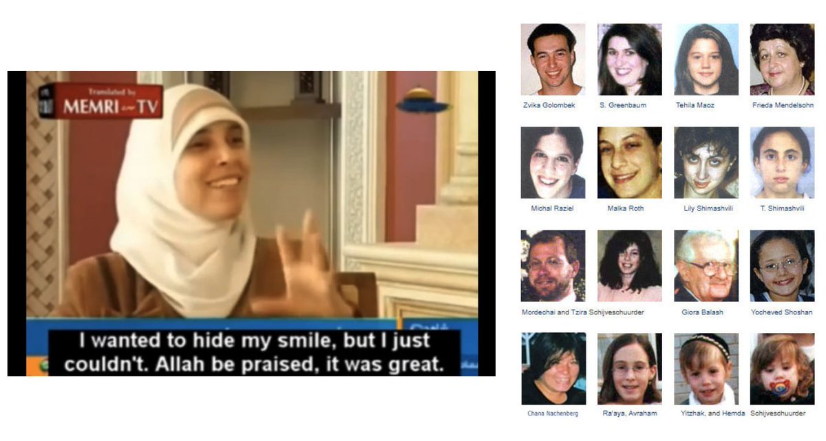 CptAllenHistory's tweet photo. August 9, 2001

Palestinian Ahlam Tamimi chose the target: a Sbarro restaurant packed with kids in the heart of Jerusalem.

She escorted the suicide bomber to the door and then walked away smiling. She is still smiling today as she lives free and celebrated in Jordan.

The Hamas bomber detonated a device packed with nails, screws, and bolts designed to kill and maim as many people as possible.

15 civilians were murdered on the spot. 8 were children.

Among the dead:

Two parents and three of their children.
A pregnant American woman.
15-year-old Malki Roth.

Among the 130 wounded:

Chana Nachenberg, a young mother left in a permanent vegetative state for 22 years before she finally died of her injuries.

15-year-old Miriam Shoshan, who had 60 nails driven into her body, a hole torn through her thigh, a ruptured spleen, and third-degree burns over 40% of her body.

When Tamimi later learned the real death toll was higher than she first thought she said it made her happy. When told how many children were killed, she smiled.

She received 16 life sentences in Israel.

In 2011, she was freed in the Gilad Shalit deal and went to Jordan, where she received a hero’s welcome.

Today she lives openly in Amman. She has hosted television programs, given interviews, and spoken with pride about the massacre. She has never expressed a single word of remorse. On the contrary, she is quite pleased with the number of Jews she helped murder.

The United States charged her with murdering American citizens. She is on the FBI’s Most Wanted Terrorists list. A $5 million reward is offered for her capture.

Jordan refuses to extradite her.
Successive American administrations have never forced the issue.

25 years later, the Palestinian woman who helped blow up a restaurant full of children lives free as a hero while the families of her victims are still waiting for justice.