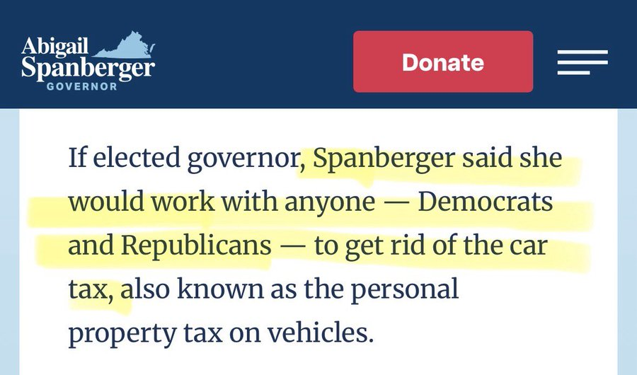 VaNewsVanguard's tweet photo. 🚨CAR TAX: Another "bait &amp; switch," FAILED promise from Va.'s Democrat Gov. Abigail Spanberger: https://t.co/KA87TroznD