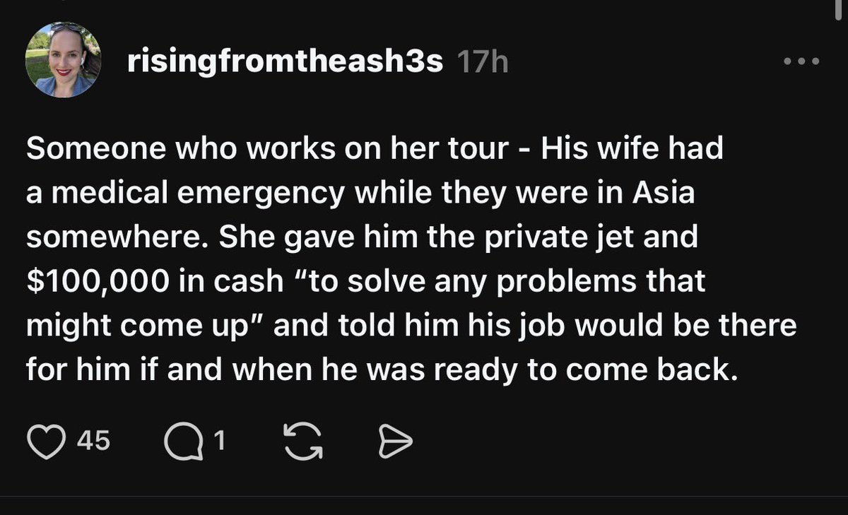 TimesSwift's tweet photo. 🥹| User @risingfromtheash3s shares an experience involving someone who works for Taylor, revealing that she gave him her private jet and $100,000 when his wife had a medical emergency while touring in Asia, while assuring him his job would be there when he was ready to return. https://t.co/MV2yX9i7df