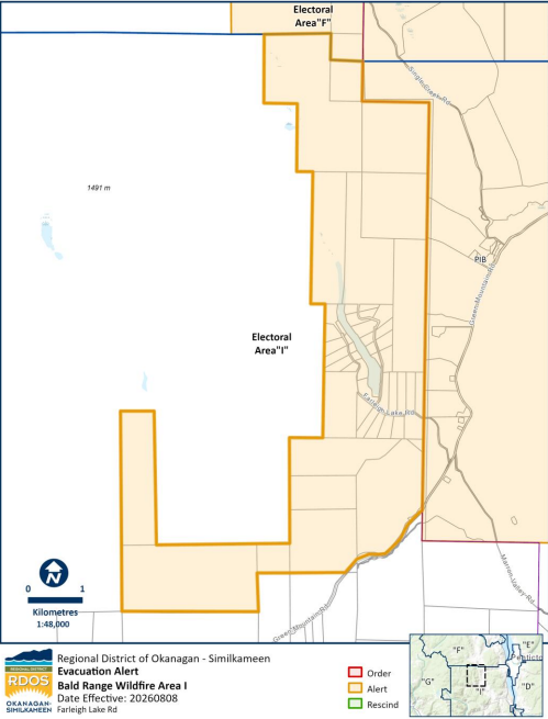EmergencyInfoBC's tweet photo. The Regional District of Okanagan-Similkameen (RDOS) has issued an Evacuation Alert for Greater West Bench & Kickininee Park (Electoral Area “F”), Brent Lake, Shingle Creek Area (Electoral Area “F”), & Farleigh Lake Road (Electoral Area “I”). The Bald Range #BCWildfire is a threat to life & safety. Residents must be ready to leave on short notice. More info & maps: https://t.co/brBIo92eSg #BC #Okanagan