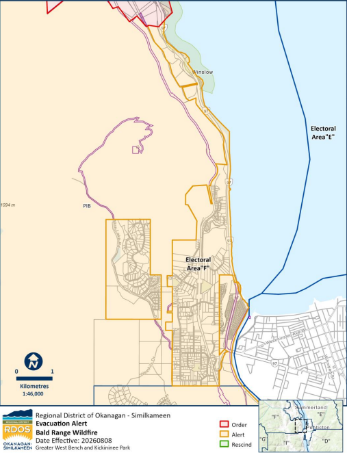 EmergencyInfoBC's tweet photo. The Regional District of Okanagan-Similkameen (RDOS) has issued an Evacuation Alert for Greater West Bench & Kickininee Park (Electoral Area “F”), Brent Lake, Shingle Creek Area (Electoral Area “F”), & Farleigh Lake Road (Electoral Area “I”). The Bald Range #BCWildfire is a threat to life & safety. Residents must be ready to leave on short notice. More info & maps: https://t.co/brBIo92eSg #BC #Okanagan