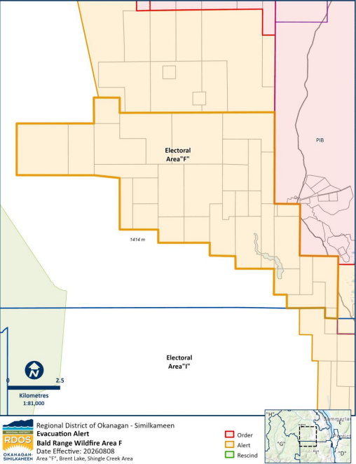 EmergencyInfoBC's tweet photo. The Regional District of Okanagan-Similkameen (RDOS) has issued an Evacuation Alert for Greater West Bench & Kickininee Park (Electoral Area “F”), Brent Lake, Shingle Creek Area (Electoral Area “F”), & Farleigh Lake Road (Electoral Area “I”). The Bald Range #BCWildfire is a threat to life & safety. Residents must be ready to leave on short notice. More info & maps: https://t.co/brBIo92eSg #BC #Okanagan