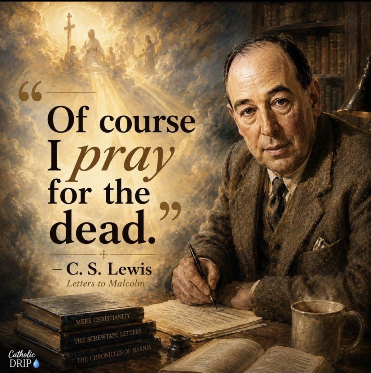 Samuel43750453's tweet photo. The stupidity of @CatholicDrip___ is beyond measure.
If CS Lewis prayed for the dead, makes absolutely no difference in Protestantism. 
This is not a doctrine in any confession.
Yet he still said that purgatory was a vile abhorrent belief and called you papists. https://t.co/GrveE2CBeO