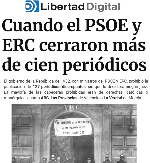 CCivicaCatalana's tweet photo. Hoy hace 94 años durante la República -no durante el franquismo- se ordenó el mayor cierre de periódicos que ha habido en España

PSOE y ERC aplicaron la censura a 127 diarios contrarios a sus ideas con la excusa de "defender la República"

#MemoriaDemocratica que no verás en TVE https://t.co/aVf34r4Xq2