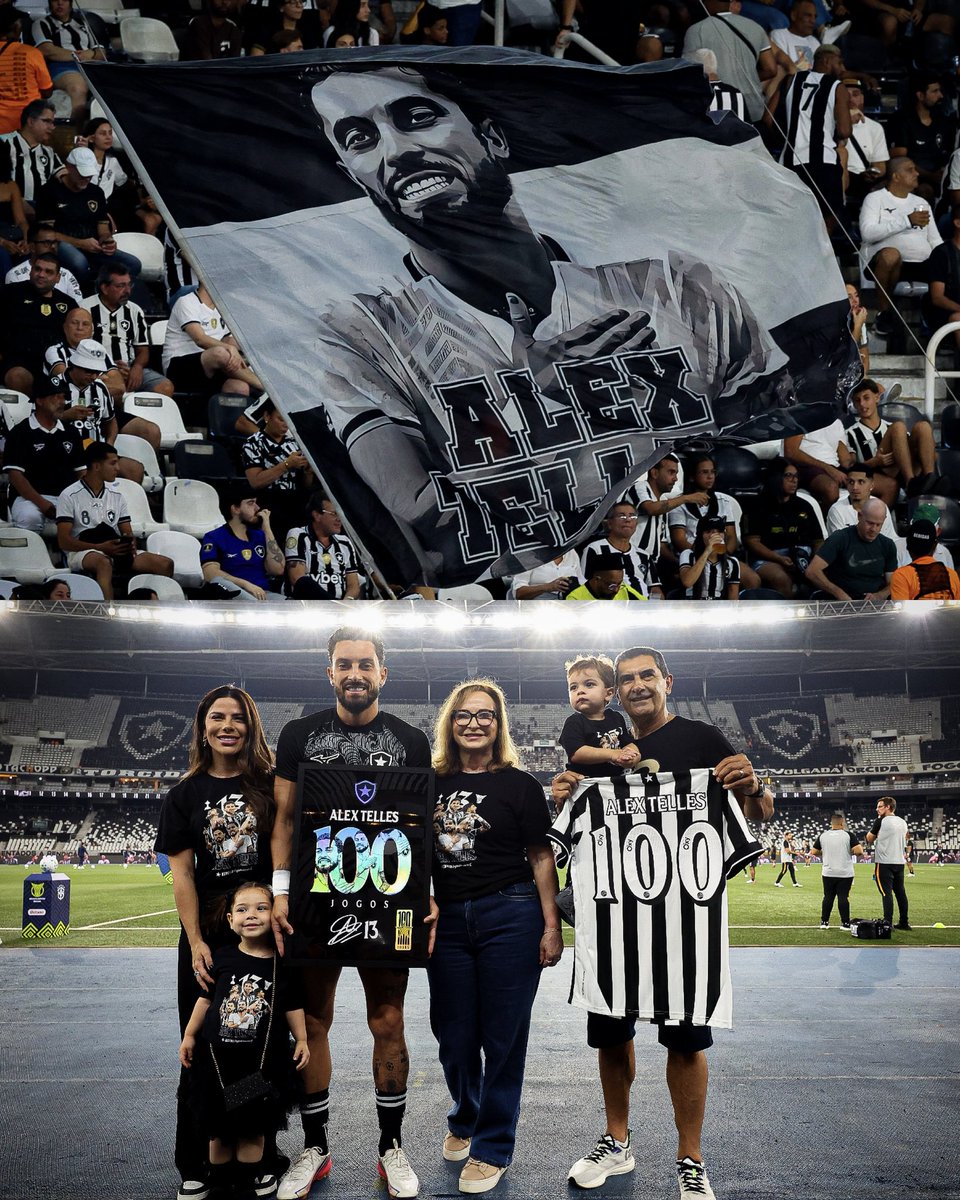Botafogo's tweet photo. ALEX TELLES 1️⃣0️⃣0️⃣ 🔥

Ao lado de sua família, nosso ídolo Alex Telles recebeu uma homenagem do Glorioso pelas mãos do diretor de futebol Léo Coelho! Parabéns, Capitão, que venham mais 100 jogos! 🌟 #VamosBOTAFOGO

📸 Vítor Silva / BFR https://t.co/uLO79OJraT