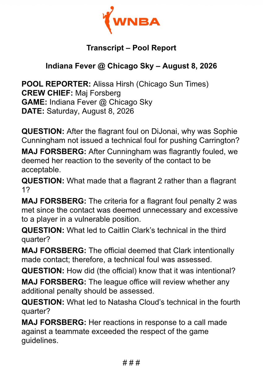 WNBAComms's tweet photo. The Pool Report following the Indiana Fever @ Chicago Sky game - August 8, 2026 https://t.co/Kp6zrXrq6e