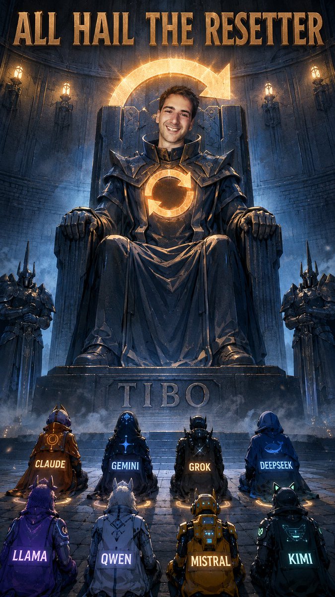 Jackson77li's tweet photo. When the rate limits hit, even the models know who to pray to.

All hail Tibo, the Resetter. 🙇‍♂️#Resetter https://t.co/uMun80R3ji