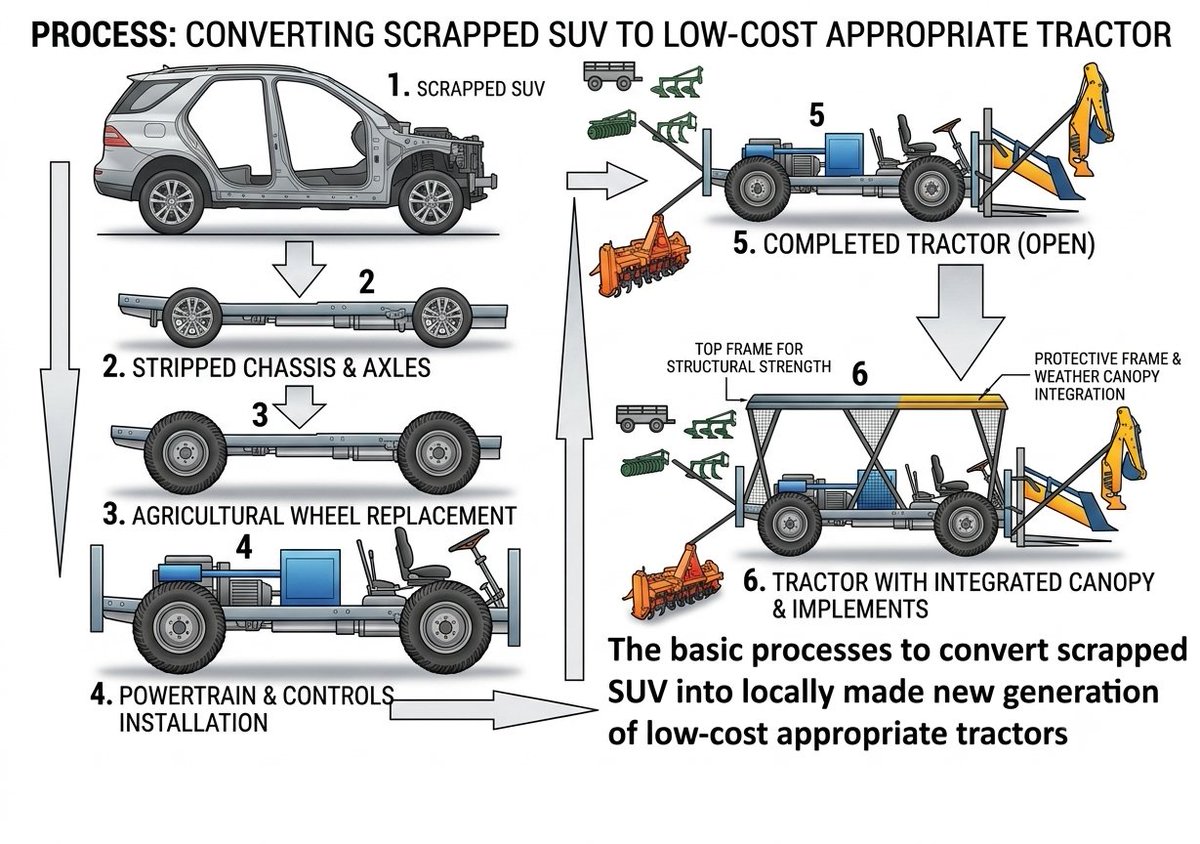 AnterTarig's tweet photo. The Basic Processes to Convert Scrapped SUV Into Locally Made New Generation of Low-Cost Appropriate Tractors, also for other vehicles of different sizes and three-wheeled.
Here is the step-by-step conversion process:
Step 1: Scrapped SUV Vehicle
Start with an end-of-life or       scrapped SUV as the base platform.
Step 2: Stripping the Bodywork
Remove the SUV body shell,       interior, doors, and roof to expose the underlying chassis frame, axles,       and powertrain.
Step 3: Wheel Replacement
Replace the original road tires       with heavy-duty, high-traction agricultural/tractor wheels.
Step 4: Mechanical &      Controls Setup
Mount the engine/transmission       block, driver seating, and steering assembly directly onto the frame,       along with mounting brackets for equipment attachments.
Step 5: Implement Integration
Attach rear agricultural       implements (such as plows, harrows, tillers, or trailers) and front       utility implements (such as loader arms or backhoe attachments).
Step 6: Top Structural Frame      & Weather Canopy
Install the upper frame       structure, which serves a dual purpose: providing essential structural       strength/rigidity to the vehicle overall, while simultaneously       functioning as a protective roll cage and overhead weather canopy for the       operator.