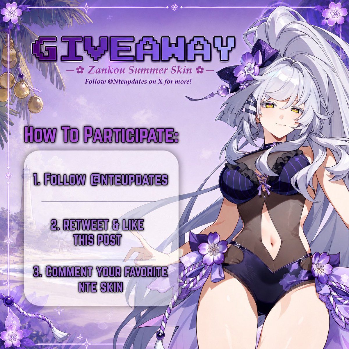 Nteupdates's tweet photo. NTE Version 1.3 is Almost Here And Coming With 2 New Amazing Characters & A Lot Of Content, So We’re Celebrating it With Zankou’s Summer Outfit Giveaway! (Searing Lavender)
-> If You Do Not Want The Skin or Want To Save Up & Still Win, You Will Receive The Amount of Crystals Needed To Purchase The Skin!

-> 1 Winner 

How To Participate:

1. Follow @Nteupdates 
2. RT & Like this post
3. Comment your favorite NTE skin

Giveaway ends on 19/08/26 (When Zankou Banner Drops )

Goodluck to everybody! 

#NTE #NevernessToeverness #NTEcreator