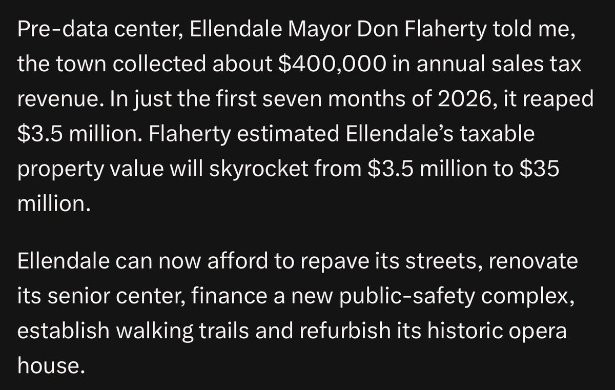 LoganDobson's tweet photo. A Data Center Came to A Small Town. You’ll Never Guess What Happened Next*

*unless you guessed lots of jobs, lots of tax revenue, spillover benefits to local business like hotels and restaurants, discounts on electric bills, and grants for teachers. https://t.co/joDwvWguMz