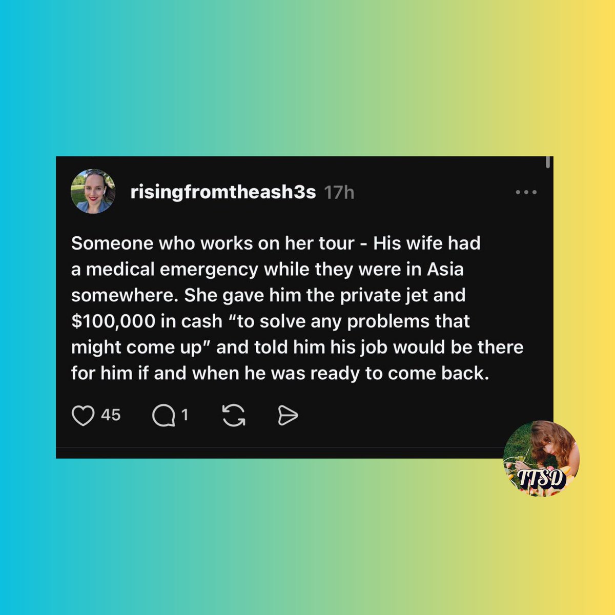 TheTSDaily's tweet photo. 💗| Taylor Swift reportedly gave a member of her tour staff access to her private jet and $100,000 in cash after his wife suffered a medical emergency while they were in Asia, while assuring him that his job would be waiting for him when he was ready to return. https://t.co/42miBIBuR5