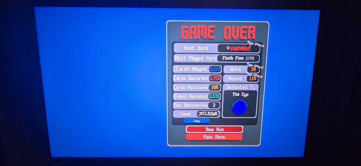 NickleBGaming's tweet photo. @LocalThunk after 1200 hours I FINALLY reached the Ante 39 kill screen. No legendary, No Burglar, No DNA, No Serpent Baron mime.  Freakin LOVE this game! https://t.co/ko9IIGFs7Z
