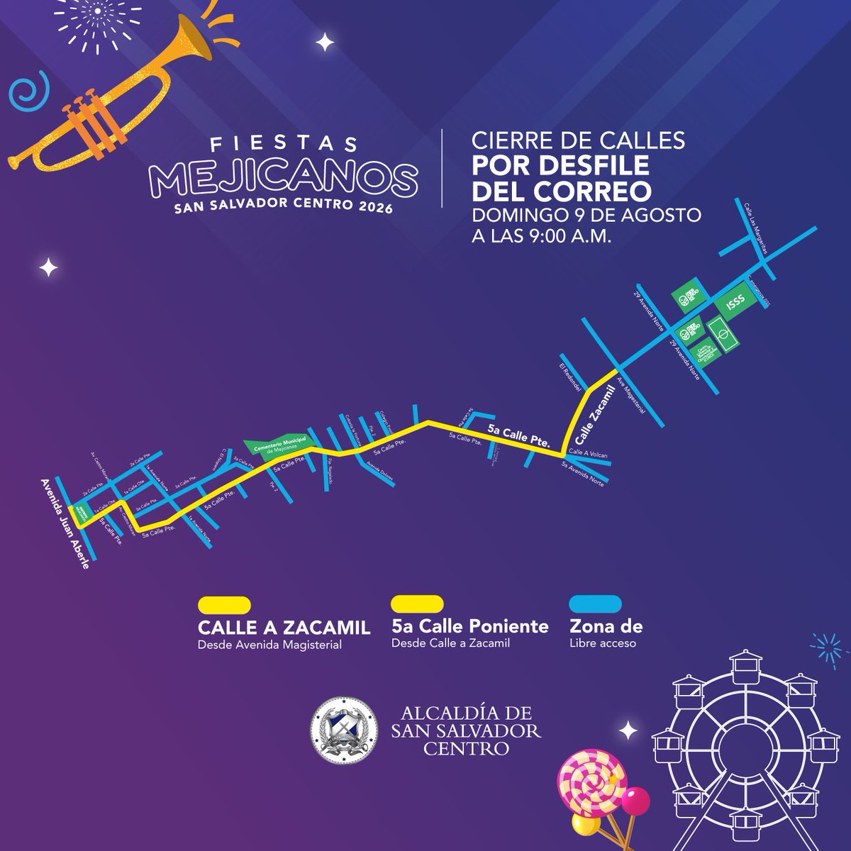 alcaldia_ss's tweet photo. ¡Toma nota!📝 

Este domingo 9 de agosto habrá cierre de calles desde las 9:00 a. m. por el Desfile Del Correo en Mejicanos.

Planifica tu ruta y disfruta https://t.co/82LhAqiUFI