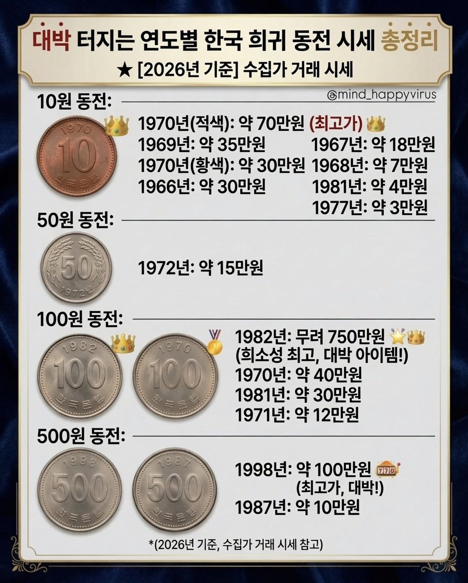 DeepSignal_Net's tweet photo. 대박 터지는 연도별 한국 희귀 동전 시세 총정리 
[ 2026년 기준] 수집가 거래 시서

1982년 100원 : 약 750만원
1998년 500원 : 약 100만원

굴러다니는 동전들 한번 살펴보시고
찾으시면 인증 부탁드립니다. ㅎㅎ

#동전 #희귀 #500원 #100원 https://t.co/T2Egv9tbAp