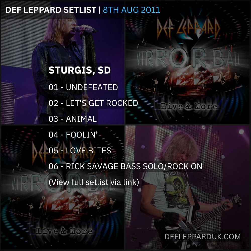 dltourhistory's tweet photo. Def Leppard #Setlist for a show in
Sturgis SD USA 🇺🇸 15 Years Ago on this day in 2011
01 - Undefeated
02 - Let's Get Rocked
03 - Animal...
#defleppard #joeelliott #ricksavage
https://t.co/CuJbnO929O https://t.co/W9KkkpNE6H