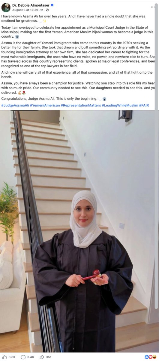 AmyMek's tweet photo. 🚨ALERT MISSISSIPPI - JIHADIS ACROSS THE WORLD ARE CELEBRATING!  

One of the biggest radicals is celebrating your new Sharia-hijabi judge - and the ummah is ecstatic.  

Dr. Debbie Almontaser just posted a glowing tribute calling Assma A. Ali “the first Yemeni American Muslim hijabi woman to become a judge in this country” and declaring: “Our community needed to see this. Our daughters needed to see this.”  

The comments under her post are pure celebration that one of their own has now penetrated deep-red Mississippi. This is being treated as a major victory for the ummah.  

Also joining the congratulations: Jamaal Bowman - the radical former U.S. Congressman and Democrat Socialist of America (DSA)  member who, on September 30, 2023, deliberately pulled a false fire alarm in the Cannon House Office Building to delay a vote, later pleaded guilty to a misdemeanor, paid a $1,000 fine, and was censured by the House.  

This is who is celebrating Assma’s elevation - and it reveals the radical network she moves in.  Who is Debbie Almontaser?  

• Forced to resign in 2007 as founding principal of New York’s Khalil Gibran International Academy after defending “Intifada NYC” T-shirts  

• Featured speaker at the 2008 Left Forum panel “The Backlash Against Dissent on Israel” alongside Joel Kovel (author of Overcoming Zionism) and Alison Weir (If Americans Knew)  

• Moderator and panelist at the 2011 Left Forum on “Challenging Islamophobia and Racism,” aligning identity struggles with anti-Israel activism  

• Longtime collaborator with Linda Sarsour in the Muslim Democratic Club of New York and the #MuslimVOTE movement  

• Photographed with and publicly supportive of Rep. Ilhan Omar (defended her after she was removed from the House Foreign Affairs Committee)  

• Honored by the Muslim Public Affairs Council (MPAC) with its Empowering Voices Award MPAC has well-documented historical ties to the Muslim Brotherhood. Its founders, the Hathout brothers, had clear Brotherhood backgrounds in Egypt  - Hassan Hathout described himself as a close disciple of Brotherhood founder Hassan al-Banna.  

When a figure this deeply embedded in radical anti-Jewish, Islamic supremacy, and far-left/marxist organizing circles is overjoyed that Assma now holds judicial power in a Republican stronghold, it tells you everything about the networks surrounding Mississippi’s newest judge.  

The penetration of the red state is complete.  

READ THE FULL ARTICLE - https://t.co/Izlj6ufpxi