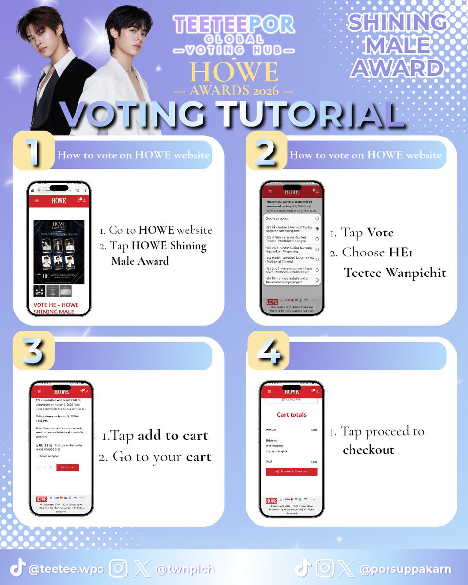 TTPvotinghub's tweet photo. 🏆 𝐇𝐎𝐖𝐄 𝐀𝐖𝐀𝐑𝐃 𝟐𝟎𝟐𝟔

‼️𝗟𝗔𝗦𝗧 𝗗𝗔𝗬 𝗢𝗙 𝗩𝗢𝗧𝗜𝗡𝗚

🗳️ Voting Methods
🌐 Website Voting (80%)
Unlimited votes
5 THB per vote
💚 LINE TODAY Poll (20%)
1 free vote per account per day

🏆 𝗡𝗢𝗠𝗜𝗡𝗔𝗧𝗜𝗢𝗡𝗦

⭐️ 𝐇𝐎𝐖𝐄 𝐒𝐡𝐢𝐧𝐢𝐧𝐠 𝐌𝐚𝐥𝐞 𝐀𝐰𝐚𝐫𝐝 – 𝐓𝐞𝐞𝐓𝐞𝐞 𝐖𝐚𝐧𝐩𝐢𝐜𝐡𝐢𝐭 ( 𝐇𝐄1 )
⭐️ 𝐇𝐎𝐖𝐄 𝐇𝐨𝐭𝐭𝐞𝐬𝐭 𝐀𝐫𝐭𝐢𝐬𝐭 𝐀𝐰𝐚𝐫𝐝 – 𝐃𝐄𝐗𝐗 ( 𝐇𝐅1) 
⭐️ 𝐇𝐎𝐖𝐄 𝐇𝐨𝐭𝐭𝐞𝐬𝐭 𝐒𝐞𝐫𝐢𝐞𝐬 𝐀𝐰𝐚𝐫𝐝 – 𝐃𝐮𝐚𝐧𝐠 𝐖𝐢𝐭𝐡 𝐘𝐨𝐮 ( 𝐇𝐇2 )
⭐️ 𝐇𝐎𝐖𝐄 𝐓𝐡𝐞 𝐁𝐞𝐬𝐭 𝐂𝐨𝐮𝐩𝐥𝐞 𝐀𝐰𝐚𝐫𝐝 – 𝐓𝐞𝐞𝐓𝐞𝐞𝐏𝐨𝐫 ( 𝐇𝐀3 )

📖 Website Voting 

⭐️ 𝐇𝐎𝐖𝐄 𝐒𝐡𝐢𝐧𝐢𝐧𝐠 𝐌𝐚𝐥𝐞 𝐀𝐰𝐚𝐫𝐝 – 𝐓𝐞𝐞𝐓𝐞𝐞 𝐖𝐚𝐧𝐩𝐢𝐜𝐡𝐢𝐭 ( 𝐇𝐄1 )
🔗 : https://t.co/nzTNHwHvio
⭐️ 𝐇𝐎𝐖𝐄 𝐇𝐨𝐭𝐭𝐞𝐬𝐭 𝐀𝐫𝐭𝐢𝐬𝐭 𝐀𝐰𝐚𝐫𝐝 – 𝐃𝐄𝐗𝐗 ( 𝐇𝐅1)   
🔗 : https://t.co/JR9GeplGRB
⭐️ 𝐇𝐎𝐖𝐄 𝐇𝐨𝐭𝐭𝐞𝐬𝐭 𝐒𝐞𝐫𝐢𝐞𝐬 𝐀𝐰𝐚𝐫𝐝 – 𝐃𝐮𝐚𝐧𝐠 𝐖𝐢𝐭𝐡 𝐘𝐨𝐮 ( 𝐇𝐇2 )
🔗 : https://t.co/9Uko7WN8rq
⭐️ 𝐇𝐎𝐖𝐄 𝐓𝐡𝐞 𝐁𝐞𝐬𝐭 𝐂𝐨𝐮𝐩𝐥𝐞 𝐀𝐰𝐚𝐫𝐝 – 𝐓𝐞𝐞𝐓𝐞𝐞𝐏𝐨𝐫 ( 𝐇𝐀3 )
🔗 : https://t.co/fqPUj8aJkk

📖 LINE TODAY Poll 

⭐️ 𝐇𝐎𝐖𝐄 𝐒𝐡𝐢𝐧𝐢𝐧𝐠 𝐌𝐚𝐥𝐞 𝐀𝐰𝐚𝐫𝐝 – 𝐓𝐞𝐞𝐓𝐞𝐞 𝐖𝐚𝐧𝐩𝐢𝐜𝐡𝐢𝐭 ( 𝐇𝐄1 )
🔗 : https://t.co/nSx5FoqERp
⭐️ 𝐇𝐎𝐖𝐄 𝐇𝐨𝐭𝐭𝐞𝐬𝐭 𝐀𝐫𝐭𝐢𝐬𝐭 𝐀𝐰𝐚𝐫𝐝 – 𝐃𝐄𝐗𝐗 ( 𝐇𝐅1 )  
🔗 : https://t.co/MtpJqC8NpA
⭐️ 𝐇𝐎𝐖𝐄 𝐇𝐨𝐭𝐭𝐞𝐬𝐭 𝐒𝐞𝐫𝐢𝐞𝐬 𝐀𝐰𝐚𝐫𝐝 – 𝐃𝐮𝐚𝐧𝐠 𝐖𝐢𝐭𝐡 𝐘𝐨𝐮 ( 𝐇𝐇2 )
🔗 : https://t.co/VyTNS9XKiB
⭐️ 𝐇𝐎𝐖𝐄 𝐓𝐡𝐞 𝐁𝐞𝐬𝐭 𝐂𝐨𝐮𝐩𝐥𝐞 𝐀𝐰𝐚𝐫𝐝 – 𝐓𝐞𝐞𝐓𝐞𝐞𝐏𝐨𝐫 ( 𝐇𝐀3 )
🔗 : https://t.co/NE1NJTcnBK

⚠️ Important Notes
✔️Website votes account for 80% of the final score.
✔️LINE TODAY Poll accounts for 20% of the final score.
✔️Website voting is unlimited.
✔️LINE TODAY Poll allows 1 free vote per account per day.
✔️Use only the official voting links.

————
Thank you to everyone who has been voting and supporting throughout the entire voting period. Let's give it one final push! Fighting!🫶🏻

#VoteForTEETEEPOR 
#TeeTeePorGlobalVotingHub
#twnpich #porsuppakarn 
#teeteepor #ตี๋ตี๋ป๋อ