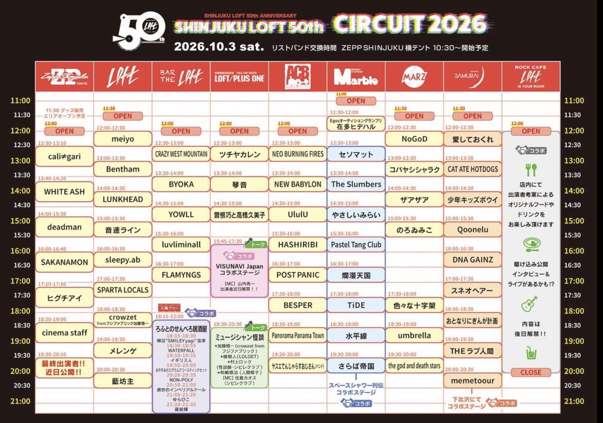 makoto007's tweet photo. LOFT50th、なかなかなメンツだな。
LOFTのメンツとかあの人のブッキングでしかない。
ランクとか音速とか最近見てないからいいな〜。そして加藤さん大活躍！！その辺も見てみたい。 https://t.co/hZpUsbesFh