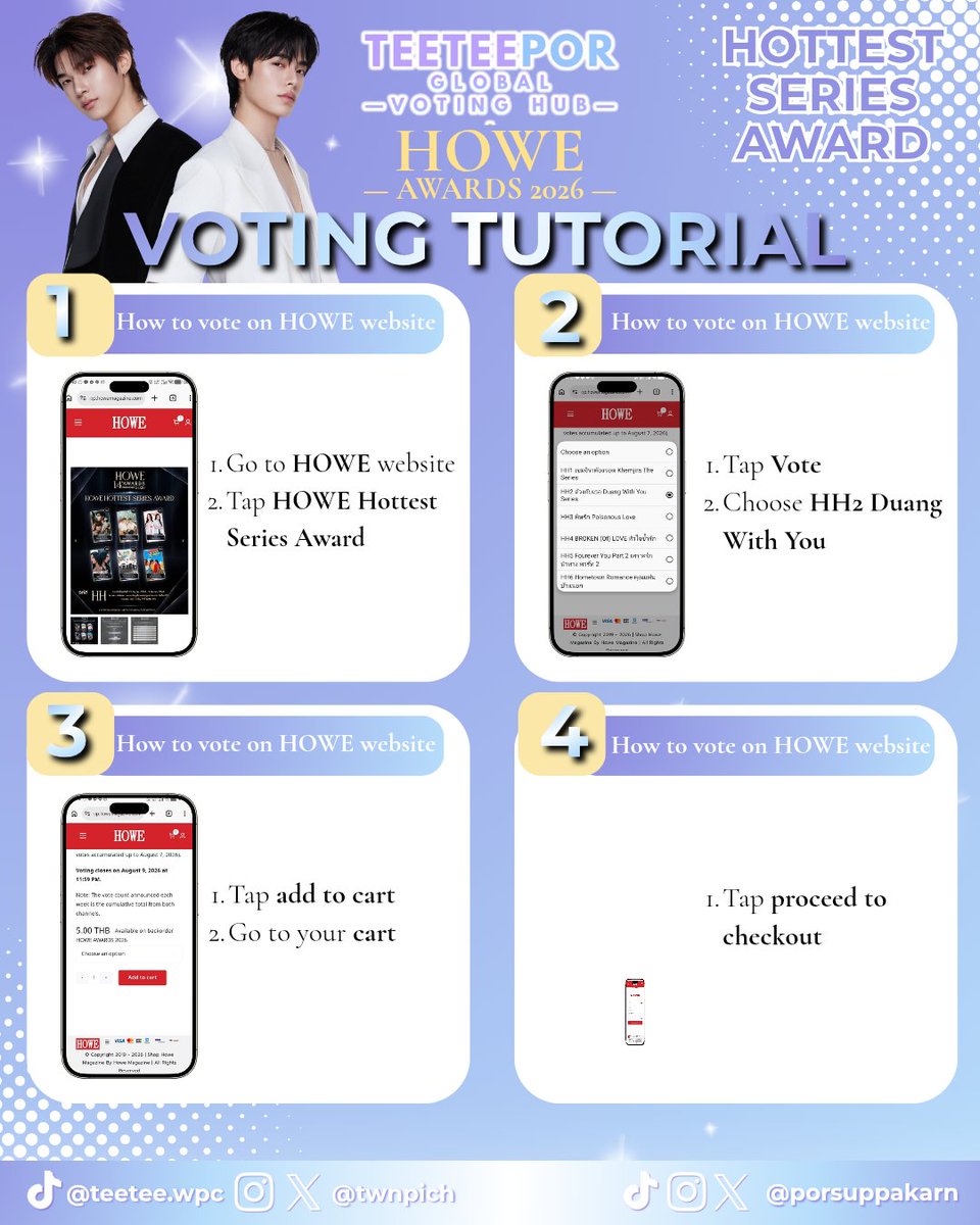 TTPvotinghub's tweet photo. 🏆 𝐇𝐎𝐖𝐄 𝐀𝐖𝐀𝐑𝐃 𝟐𝟎𝟐𝟔

‼️𝗟𝗔𝗦𝗧 𝗗𝗔𝗬 𝗢𝗙 𝗩𝗢𝗧𝗜𝗡𝗚

🗳️ Voting Methods
🌐 Website Voting (80%)
Unlimited votes
5 THB per vote
💚 LINE TODAY Poll (20%)
1 free vote per account per day

🏆 𝗡𝗢𝗠𝗜𝗡𝗔𝗧𝗜𝗢𝗡𝗦

⭐️ 𝐇𝐎𝐖𝐄 𝐒𝐡𝐢𝐧𝐢𝐧𝐠 𝐌𝐚𝐥𝐞 𝐀𝐰𝐚𝐫𝐝 – 𝐓𝐞𝐞𝐓𝐞𝐞 𝐖𝐚𝐧𝐩𝐢𝐜𝐡𝐢𝐭 ( 𝐇𝐄1 )
⭐️ 𝐇𝐎𝐖𝐄 𝐇𝐨𝐭𝐭𝐞𝐬𝐭 𝐀𝐫𝐭𝐢𝐬𝐭 𝐀𝐰𝐚𝐫𝐝 – 𝐃𝐄𝐗𝐗 ( 𝐇𝐅1) 
⭐️ 𝐇𝐎𝐖𝐄 𝐇𝐨𝐭𝐭𝐞𝐬𝐭 𝐒𝐞𝐫𝐢𝐞𝐬 𝐀𝐰𝐚𝐫𝐝 – 𝐃𝐮𝐚𝐧𝐠 𝐖𝐢𝐭𝐡 𝐘𝐨𝐮 ( 𝐇𝐇2 )
⭐️ 𝐇𝐎𝐖𝐄 𝐓𝐡𝐞 𝐁𝐞𝐬𝐭 𝐂𝐨𝐮𝐩𝐥𝐞 𝐀𝐰𝐚𝐫𝐝 – 𝐓𝐞𝐞𝐓𝐞𝐞𝐏𝐨𝐫 ( 𝐇𝐀3 )

📖 Website Voting 

⭐️ 𝐇𝐎𝐖𝐄 𝐒𝐡𝐢𝐧𝐢𝐧𝐠 𝐌𝐚𝐥𝐞 𝐀𝐰𝐚𝐫𝐝 – 𝐓𝐞𝐞𝐓𝐞𝐞 𝐖𝐚𝐧𝐩𝐢𝐜𝐡𝐢𝐭 ( 𝐇𝐄1 )
🔗 : https://t.co/nzTNHwHvio
⭐️ 𝐇𝐎𝐖𝐄 𝐇𝐨𝐭𝐭𝐞𝐬𝐭 𝐀𝐫𝐭𝐢𝐬𝐭 𝐀𝐰𝐚𝐫𝐝 – 𝐃𝐄𝐗𝐗 ( 𝐇𝐅1)   
🔗 : https://t.co/JR9GeplGRB
⭐️ 𝐇𝐎𝐖𝐄 𝐇𝐨𝐭𝐭𝐞𝐬𝐭 𝐒𝐞𝐫𝐢𝐞𝐬 𝐀𝐰𝐚𝐫𝐝 – 𝐃𝐮𝐚𝐧𝐠 𝐖𝐢𝐭𝐡 𝐘𝐨𝐮 ( 𝐇𝐇2 )
🔗 : https://t.co/9Uko7WN8rq
⭐️ 𝐇𝐎𝐖𝐄 𝐓𝐡𝐞 𝐁𝐞𝐬𝐭 𝐂𝐨𝐮𝐩𝐥𝐞 𝐀𝐰𝐚𝐫𝐝 – 𝐓𝐞𝐞𝐓𝐞𝐞𝐏𝐨𝐫 ( 𝐇𝐀3 )
🔗 : https://t.co/fqPUj8aJkk

📖 LINE TODAY Poll 

⭐️ 𝐇𝐎𝐖𝐄 𝐒𝐡𝐢𝐧𝐢𝐧𝐠 𝐌𝐚𝐥𝐞 𝐀𝐰𝐚𝐫𝐝 – 𝐓𝐞𝐞𝐓𝐞𝐞 𝐖𝐚𝐧𝐩𝐢𝐜𝐡𝐢𝐭 ( 𝐇𝐄1 )
🔗 : https://t.co/nSx5FoqERp
⭐️ 𝐇𝐎𝐖𝐄 𝐇𝐨𝐭𝐭𝐞𝐬𝐭 𝐀𝐫𝐭𝐢𝐬𝐭 𝐀𝐰𝐚𝐫𝐝 – 𝐃𝐄𝐗𝐗 ( 𝐇𝐅1 )  
🔗 : https://t.co/MtpJqC8NpA
⭐️ 𝐇𝐎𝐖𝐄 𝐇𝐨𝐭𝐭𝐞𝐬𝐭 𝐒𝐞𝐫𝐢𝐞𝐬 𝐀𝐰𝐚𝐫𝐝 – 𝐃𝐮𝐚𝐧𝐠 𝐖𝐢𝐭𝐡 𝐘𝐨𝐮 ( 𝐇𝐇2 )
🔗 : https://t.co/VyTNS9XKiB
⭐️ 𝐇𝐎𝐖𝐄 𝐓𝐡𝐞 𝐁𝐞𝐬𝐭 𝐂𝐨𝐮𝐩𝐥𝐞 𝐀𝐰𝐚𝐫𝐝 – 𝐓𝐞𝐞𝐓𝐞𝐞𝐏𝐨𝐫 ( 𝐇𝐀3 )
🔗 : https://t.co/NE1NJTcnBK

⚠️ Important Notes
✔️Website votes account for 80% of the final score.
✔️LINE TODAY Poll accounts for 20% of the final score.
✔️Website voting is unlimited.
✔️LINE TODAY Poll allows 1 free vote per account per day.
✔️Use only the official voting links.

————
Thank you to everyone who has been voting and supporting throughout the entire voting period. Let's give it one final push! Fighting!🫶🏻

#VoteForTEETEEPOR 
#TeeTeePorGlobalVotingHub
#twnpich #porsuppakarn 
#teeteepor #ตี๋ตี๋ป๋อ