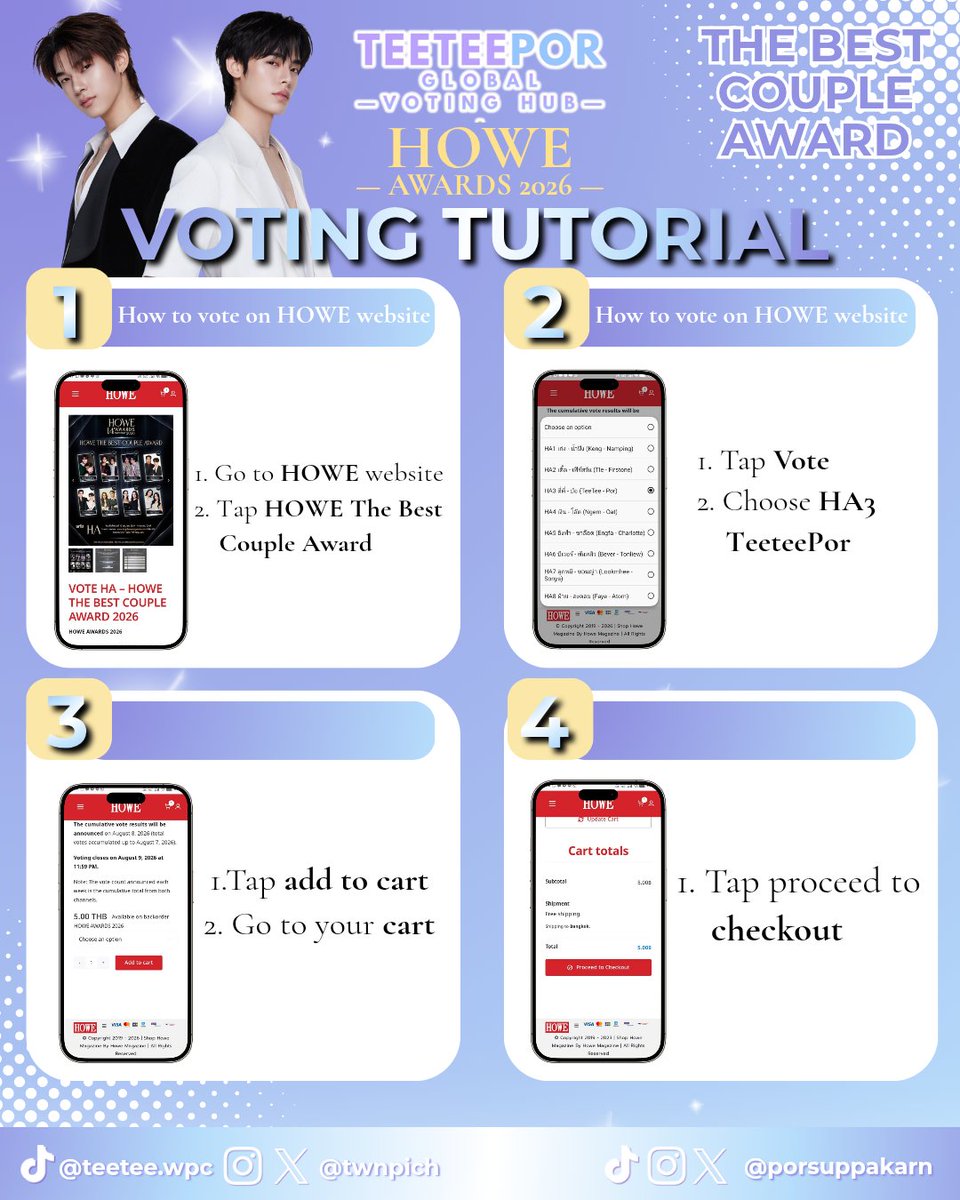 TTPvotinghub's tweet photo. 🏆 𝐇𝐎𝐖𝐄 𝐀𝐖𝐀𝐑𝐃 𝟐𝟎𝟐𝟔

‼️𝗟𝗔𝗦𝗧 𝗗𝗔𝗬 𝗢𝗙 𝗩𝗢𝗧𝗜𝗡𝗚

🗳️ Voting Methods
🌐 Website Voting (80%)
Unlimited votes
5 THB per vote
💚 LINE TODAY Poll (20%)
1 free vote per account per day

🏆 𝗡𝗢𝗠𝗜𝗡𝗔𝗧𝗜𝗢𝗡𝗦

⭐️ 𝐇𝐎𝐖𝐄 𝐒𝐡𝐢𝐧𝐢𝐧𝐠 𝐌𝐚𝐥𝐞 𝐀𝐰𝐚𝐫𝐝 – 𝐓𝐞𝐞𝐓𝐞𝐞 𝐖𝐚𝐧𝐩𝐢𝐜𝐡𝐢𝐭 ( 𝐇𝐄1 )
⭐️ 𝐇𝐎𝐖𝐄 𝐇𝐨𝐭𝐭𝐞𝐬𝐭 𝐀𝐫𝐭𝐢𝐬𝐭 𝐀𝐰𝐚𝐫𝐝 – 𝐃𝐄𝐗𝐗 ( 𝐇𝐅1) 
⭐️ 𝐇𝐎𝐖𝐄 𝐇𝐨𝐭𝐭𝐞𝐬𝐭 𝐒𝐞𝐫𝐢𝐞𝐬 𝐀𝐰𝐚𝐫𝐝 – 𝐃𝐮𝐚𝐧𝐠 𝐖𝐢𝐭𝐡 𝐘𝐨𝐮 ( 𝐇𝐇2 )
⭐️ 𝐇𝐎𝐖𝐄 𝐓𝐡𝐞 𝐁𝐞𝐬𝐭 𝐂𝐨𝐮𝐩𝐥𝐞 𝐀𝐰𝐚𝐫𝐝 – 𝐓𝐞𝐞𝐓𝐞𝐞𝐏𝐨𝐫 ( 𝐇𝐀3 )

📖 Website Voting 

⭐️ 𝐇𝐎𝐖𝐄 𝐒𝐡𝐢𝐧𝐢𝐧𝐠 𝐌𝐚𝐥𝐞 𝐀𝐰𝐚𝐫𝐝 – 𝐓𝐞𝐞𝐓𝐞𝐞 𝐖𝐚𝐧𝐩𝐢𝐜𝐡𝐢𝐭 ( 𝐇𝐄1 )
🔗 : https://t.co/nzTNHwHvio
⭐️ 𝐇𝐎𝐖𝐄 𝐇𝐨𝐭𝐭𝐞𝐬𝐭 𝐀𝐫𝐭𝐢𝐬𝐭 𝐀𝐰𝐚𝐫𝐝 – 𝐃𝐄𝐗𝐗 ( 𝐇𝐅1)   
🔗 : https://t.co/JR9GeplGRB
⭐️ 𝐇𝐎𝐖𝐄 𝐇𝐨𝐭𝐭𝐞𝐬𝐭 𝐒𝐞𝐫𝐢𝐞𝐬 𝐀𝐰𝐚𝐫𝐝 – 𝐃𝐮𝐚𝐧𝐠 𝐖𝐢𝐭𝐡 𝐘𝐨𝐮 ( 𝐇𝐇2 )
🔗 : https://t.co/9Uko7WN8rq
⭐️ 𝐇𝐎𝐖𝐄 𝐓𝐡𝐞 𝐁𝐞𝐬𝐭 𝐂𝐨𝐮𝐩𝐥𝐞 𝐀𝐰𝐚𝐫𝐝 – 𝐓𝐞𝐞𝐓𝐞𝐞𝐏𝐨𝐫 ( 𝐇𝐀3 )
🔗 : https://t.co/fqPUj8aJkk

📖 LINE TODAY Poll 

⭐️ 𝐇𝐎𝐖𝐄 𝐒𝐡𝐢𝐧𝐢𝐧𝐠 𝐌𝐚𝐥𝐞 𝐀𝐰𝐚𝐫𝐝 – 𝐓𝐞𝐞𝐓𝐞𝐞 𝐖𝐚𝐧𝐩𝐢𝐜𝐡𝐢𝐭 ( 𝐇𝐄1 )
🔗 : https://t.co/nSx5FoqERp
⭐️ 𝐇𝐎𝐖𝐄 𝐇𝐨𝐭𝐭𝐞𝐬𝐭 𝐀𝐫𝐭𝐢𝐬𝐭 𝐀𝐰𝐚𝐫𝐝 – 𝐃𝐄𝐗𝐗 ( 𝐇𝐅1 )  
🔗 : https://t.co/MtpJqC8NpA
⭐️ 𝐇𝐎𝐖𝐄 𝐇𝐨𝐭𝐭𝐞𝐬𝐭 𝐒𝐞𝐫𝐢𝐞𝐬 𝐀𝐰𝐚𝐫𝐝 – 𝐃𝐮𝐚𝐧𝐠 𝐖𝐢𝐭𝐡 𝐘𝐨𝐮 ( 𝐇𝐇2 )
🔗 : https://t.co/VyTNS9XKiB
⭐️ 𝐇𝐎𝐖𝐄 𝐓𝐡𝐞 𝐁𝐞𝐬𝐭 𝐂𝐨𝐮𝐩𝐥𝐞 𝐀𝐰𝐚𝐫𝐝 – 𝐓𝐞𝐞𝐓𝐞𝐞𝐏𝐨𝐫 ( 𝐇𝐀3 )
🔗 : https://t.co/NE1NJTcnBK

⚠️ Important Notes
✔️Website votes account for 80% of the final score.
✔️LINE TODAY Poll accounts for 20% of the final score.
✔️Website voting is unlimited.
✔️LINE TODAY Poll allows 1 free vote per account per day.
✔️Use only the official voting links.

————
Thank you to everyone who has been voting and supporting throughout the entire voting period. Let's give it one final push! Fighting!🫶🏻

#VoteForTEETEEPOR 
#TeeTeePorGlobalVotingHub
#twnpich #porsuppakarn 
#teeteepor #ตี๋ตี๋ป๋อ