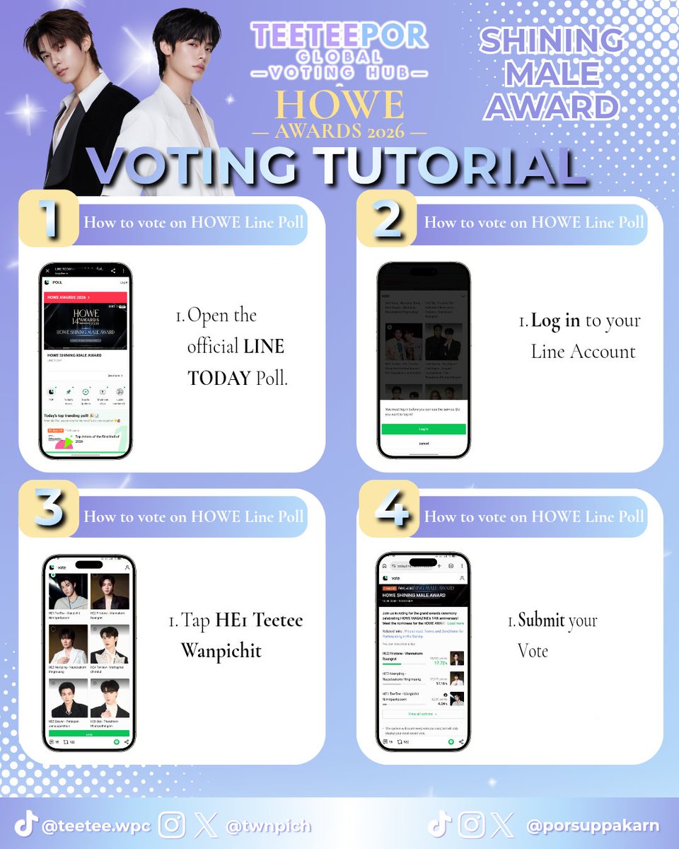 TTPvotinghub's tweet photo. 🏆 𝐇𝐎𝐖𝐄 𝐀𝐖𝐀𝐑𝐃 𝟐𝟎𝟐𝟔

‼️𝗟𝗔𝗦𝗧 𝗗𝗔𝗬 𝗢𝗙 𝗩𝗢𝗧𝗜𝗡𝗚

🗳️ Voting Methods
🌐 Website Voting (80%)
Unlimited votes
5 THB per vote
💚 LINE TODAY Poll (20%)
1 free vote per account per day

🏆 𝗡𝗢𝗠𝗜𝗡𝗔𝗧𝗜𝗢𝗡𝗦

⭐️ 𝐇𝐎𝐖𝐄 𝐒𝐡𝐢𝐧𝐢𝐧𝐠 𝐌𝐚𝐥𝐞 𝐀𝐰𝐚𝐫𝐝 – 𝐓𝐞𝐞𝐓𝐞𝐞 𝐖𝐚𝐧𝐩𝐢𝐜𝐡𝐢𝐭 ( 𝐇𝐄1 )
⭐️ 𝐇𝐎𝐖𝐄 𝐇𝐨𝐭𝐭𝐞𝐬𝐭 𝐀𝐫𝐭𝐢𝐬𝐭 𝐀𝐰𝐚𝐫𝐝 – 𝐃𝐄𝐗𝐗 ( 𝐇𝐅1) 
⭐️ 𝐇𝐎𝐖𝐄 𝐇𝐨𝐭𝐭𝐞𝐬𝐭 𝐒𝐞𝐫𝐢𝐞𝐬 𝐀𝐰𝐚𝐫𝐝 – 𝐃𝐮𝐚𝐧𝐠 𝐖𝐢𝐭𝐡 𝐘𝐨𝐮 ( 𝐇𝐇2 )
⭐️ 𝐇𝐎𝐖𝐄 𝐓𝐡𝐞 𝐁𝐞𝐬𝐭 𝐂𝐨𝐮𝐩𝐥𝐞 𝐀𝐰𝐚𝐫𝐝 – 𝐓𝐞𝐞𝐓𝐞𝐞𝐏𝐨𝐫 ( 𝐇𝐀3 )

📖 Website Voting 

⭐️ 𝐇𝐎𝐖𝐄 𝐒𝐡𝐢𝐧𝐢𝐧𝐠 𝐌𝐚𝐥𝐞 𝐀𝐰𝐚𝐫𝐝 – 𝐓𝐞𝐞𝐓𝐞𝐞 𝐖𝐚𝐧𝐩𝐢𝐜𝐡𝐢𝐭 ( 𝐇𝐄1 )
🔗 : https://t.co/nzTNHwHvio
⭐️ 𝐇𝐎𝐖𝐄 𝐇𝐨𝐭𝐭𝐞𝐬𝐭 𝐀𝐫𝐭𝐢𝐬𝐭 𝐀𝐰𝐚𝐫𝐝 – 𝐃𝐄𝐗𝐗 ( 𝐇𝐅1)   
🔗 : https://t.co/JR9GeplGRB
⭐️ 𝐇𝐎𝐖𝐄 𝐇𝐨𝐭𝐭𝐞𝐬𝐭 𝐒𝐞𝐫𝐢𝐞𝐬 𝐀𝐰𝐚𝐫𝐝 – 𝐃𝐮𝐚𝐧𝐠 𝐖𝐢𝐭𝐡 𝐘𝐨𝐮 ( 𝐇𝐇2 )
🔗 : https://t.co/9Uko7WN8rq
⭐️ 𝐇𝐎𝐖𝐄 𝐓𝐡𝐞 𝐁𝐞𝐬𝐭 𝐂𝐨𝐮𝐩𝐥𝐞 𝐀𝐰𝐚𝐫𝐝 – 𝐓𝐞𝐞𝐓𝐞𝐞𝐏𝐨𝐫 ( 𝐇𝐀3 )
🔗 : https://t.co/fqPUj8aJkk

📖 LINE TODAY Poll 

⭐️ 𝐇𝐎𝐖𝐄 𝐒𝐡𝐢𝐧𝐢𝐧𝐠 𝐌𝐚𝐥𝐞 𝐀𝐰𝐚𝐫𝐝 – 𝐓𝐞𝐞𝐓𝐞𝐞 𝐖𝐚𝐧𝐩𝐢𝐜𝐡𝐢𝐭 ( 𝐇𝐄1 )
🔗 : https://t.co/nSx5FoqERp
⭐️ 𝐇𝐎𝐖𝐄 𝐇𝐨𝐭𝐭𝐞𝐬𝐭 𝐀𝐫𝐭𝐢𝐬𝐭 𝐀𝐰𝐚𝐫𝐝 – 𝐃𝐄𝐗𝐗 ( 𝐇𝐅1 )  
🔗 : https://t.co/MtpJqC8NpA
⭐️ 𝐇𝐎𝐖𝐄 𝐇𝐨𝐭𝐭𝐞𝐬𝐭 𝐒𝐞𝐫𝐢𝐞𝐬 𝐀𝐰𝐚𝐫𝐝 – 𝐃𝐮𝐚𝐧𝐠 𝐖𝐢𝐭𝐡 𝐘𝐨𝐮 ( 𝐇𝐇2 )
🔗 : https://t.co/VyTNS9XKiB
⭐️ 𝐇𝐎𝐖𝐄 𝐓𝐡𝐞 𝐁𝐞𝐬𝐭 𝐂𝐨𝐮𝐩𝐥𝐞 𝐀𝐰𝐚𝐫𝐝 – 𝐓𝐞𝐞𝐓𝐞𝐞𝐏𝐨𝐫 ( 𝐇𝐀3 )
🔗 : https://t.co/NE1NJTcnBK

⚠️ Important Notes
✔️Website votes account for 80% of the final score.
✔️LINE TODAY Poll accounts for 20% of the final score.
✔️Website voting is unlimited.
✔️LINE TODAY Poll allows 1 free vote per account per day.
✔️Use only the official voting links.

————
Thank you to everyone who has been voting and supporting throughout the entire voting period. Let's give it one final push! Fighting!🫶🏻

#VoteForTEETEEPOR 
#TeeTeePorGlobalVotingHub
#twnpich #porsuppakarn 
#teeteepor #ตี๋ตี๋ป๋อ