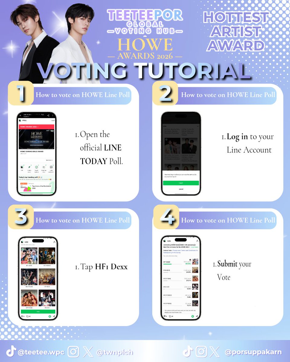 TTPvotinghub's tweet photo. 🏆 𝐇𝐎𝐖𝐄 𝐀𝐖𝐀𝐑𝐃 𝟐𝟎𝟐𝟔

‼️𝗟𝗔𝗦𝗧 𝗗𝗔𝗬 𝗢𝗙 𝗩𝗢𝗧𝗜𝗡𝗚

🗳️ Voting Methods
🌐 Website Voting (80%)
Unlimited votes
5 THB per vote
💚 LINE TODAY Poll (20%)
1 free vote per account per day

🏆 𝗡𝗢𝗠𝗜𝗡𝗔𝗧𝗜𝗢𝗡𝗦

⭐️ 𝐇𝐎𝐖𝐄 𝐒𝐡𝐢𝐧𝐢𝐧𝐠 𝐌𝐚𝐥𝐞 𝐀𝐰𝐚𝐫𝐝 – 𝐓𝐞𝐞𝐓𝐞𝐞 𝐖𝐚𝐧𝐩𝐢𝐜𝐡𝐢𝐭 ( 𝐇𝐄1 )
⭐️ 𝐇𝐎𝐖𝐄 𝐇𝐨𝐭𝐭𝐞𝐬𝐭 𝐀𝐫𝐭𝐢𝐬𝐭 𝐀𝐰𝐚𝐫𝐝 – 𝐃𝐄𝐗𝐗 ( 𝐇𝐅1) 
⭐️ 𝐇𝐎𝐖𝐄 𝐇𝐨𝐭𝐭𝐞𝐬𝐭 𝐒𝐞𝐫𝐢𝐞𝐬 𝐀𝐰𝐚𝐫𝐝 – 𝐃𝐮𝐚𝐧𝐠 𝐖𝐢𝐭𝐡 𝐘𝐨𝐮 ( 𝐇𝐇2 )
⭐️ 𝐇𝐎𝐖𝐄 𝐓𝐡𝐞 𝐁𝐞𝐬𝐭 𝐂𝐨𝐮𝐩𝐥𝐞 𝐀𝐰𝐚𝐫𝐝 – 𝐓𝐞𝐞𝐓𝐞𝐞𝐏𝐨𝐫 ( 𝐇𝐀3 )

📖 Website Voting 

⭐️ 𝐇𝐎𝐖𝐄 𝐒𝐡𝐢𝐧𝐢𝐧𝐠 𝐌𝐚𝐥𝐞 𝐀𝐰𝐚𝐫𝐝 – 𝐓𝐞𝐞𝐓𝐞𝐞 𝐖𝐚𝐧𝐩𝐢𝐜𝐡𝐢𝐭 ( 𝐇𝐄1 )
🔗 : https://t.co/nzTNHwHvio
⭐️ 𝐇𝐎𝐖𝐄 𝐇𝐨𝐭𝐭𝐞𝐬𝐭 𝐀𝐫𝐭𝐢𝐬𝐭 𝐀𝐰𝐚𝐫𝐝 – 𝐃𝐄𝐗𝐗 ( 𝐇𝐅1)   
🔗 : https://t.co/JR9GeplGRB
⭐️ 𝐇𝐎𝐖𝐄 𝐇𝐨𝐭𝐭𝐞𝐬𝐭 𝐒𝐞𝐫𝐢𝐞𝐬 𝐀𝐰𝐚𝐫𝐝 – 𝐃𝐮𝐚𝐧𝐠 𝐖𝐢𝐭𝐡 𝐘𝐨𝐮 ( 𝐇𝐇2 )
🔗 : https://t.co/9Uko7WN8rq
⭐️ 𝐇𝐎𝐖𝐄 𝐓𝐡𝐞 𝐁𝐞𝐬𝐭 𝐂𝐨𝐮𝐩𝐥𝐞 𝐀𝐰𝐚𝐫𝐝 – 𝐓𝐞𝐞𝐓𝐞𝐞𝐏𝐨𝐫 ( 𝐇𝐀3 )
🔗 : https://t.co/fqPUj8aJkk

📖 LINE TODAY Poll 

⭐️ 𝐇𝐎𝐖𝐄 𝐒𝐡𝐢𝐧𝐢𝐧𝐠 𝐌𝐚𝐥𝐞 𝐀𝐰𝐚𝐫𝐝 – 𝐓𝐞𝐞𝐓𝐞𝐞 𝐖𝐚𝐧𝐩𝐢𝐜𝐡𝐢𝐭 ( 𝐇𝐄1 )
🔗 : https://t.co/nSx5FoqERp
⭐️ 𝐇𝐎𝐖𝐄 𝐇𝐨𝐭𝐭𝐞𝐬𝐭 𝐀𝐫𝐭𝐢𝐬𝐭 𝐀𝐰𝐚𝐫𝐝 – 𝐃𝐄𝐗𝐗 ( 𝐇𝐅1 )  
🔗 : https://t.co/MtpJqC8NpA
⭐️ 𝐇𝐎𝐖𝐄 𝐇𝐨𝐭𝐭𝐞𝐬𝐭 𝐒𝐞𝐫𝐢𝐞𝐬 𝐀𝐰𝐚𝐫𝐝 – 𝐃𝐮𝐚𝐧𝐠 𝐖𝐢𝐭𝐡 𝐘𝐨𝐮 ( 𝐇𝐇2 )
🔗 : https://t.co/VyTNS9XKiB
⭐️ 𝐇𝐎𝐖𝐄 𝐓𝐡𝐞 𝐁𝐞𝐬𝐭 𝐂𝐨𝐮𝐩𝐥𝐞 𝐀𝐰𝐚𝐫𝐝 – 𝐓𝐞𝐞𝐓𝐞𝐞𝐏𝐨𝐫 ( 𝐇𝐀3 )
🔗 : https://t.co/NE1NJTcnBK

⚠️ Important Notes
✔️Website votes account for 80% of the final score.
✔️LINE TODAY Poll accounts for 20% of the final score.
✔️Website voting is unlimited.
✔️LINE TODAY Poll allows 1 free vote per account per day.
✔️Use only the official voting links.

————
Thank you to everyone who has been voting and supporting throughout the entire voting period. Let's give it one final push! Fighting!🫶🏻

#VoteForTEETEEPOR 
#TeeTeePorGlobalVotingHub
#twnpich #porsuppakarn 
#teeteepor #ตี๋ตี๋ป๋อ