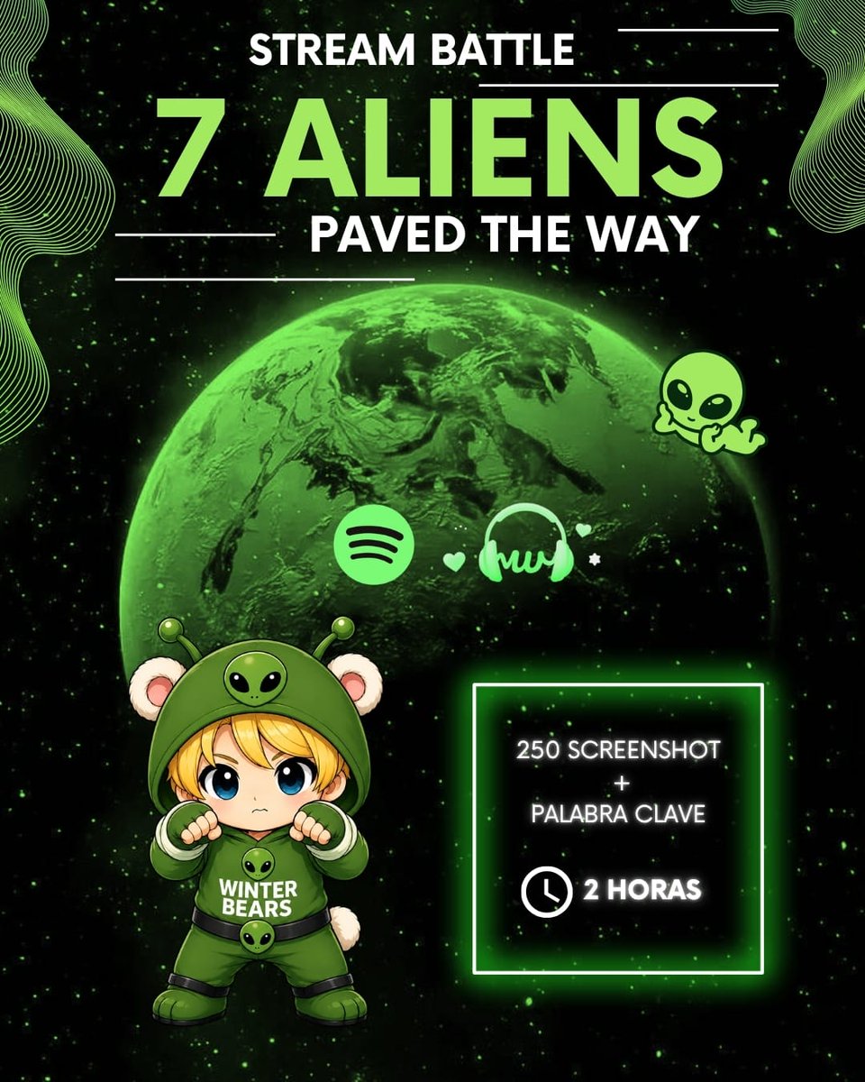 WingsofSpringT's tweet photo. 《👽 ¡INICIAMOS LA STREAM BATTLE 7 ALIENS PAVED THE WAY! 👽》

❄️🐻 | TEAM WINTER BEARS

🎯 Única ronda

⏰ Duración: 2 horas

🔗 Listening: https://t.co/luNMmyG5b9

🔗Playlist : https://t.co/x1t1cSgx7U

⚔️ ¿Cómo participar?
📸 Comentá tus SS del stream del Listening Party
🗝️ Sumá las palabras clave correspondientes :

STREAM BATTLE
7 ALIENS PAVED THE WAY
#BTS_ARİRANG
#TeamWinterBears
