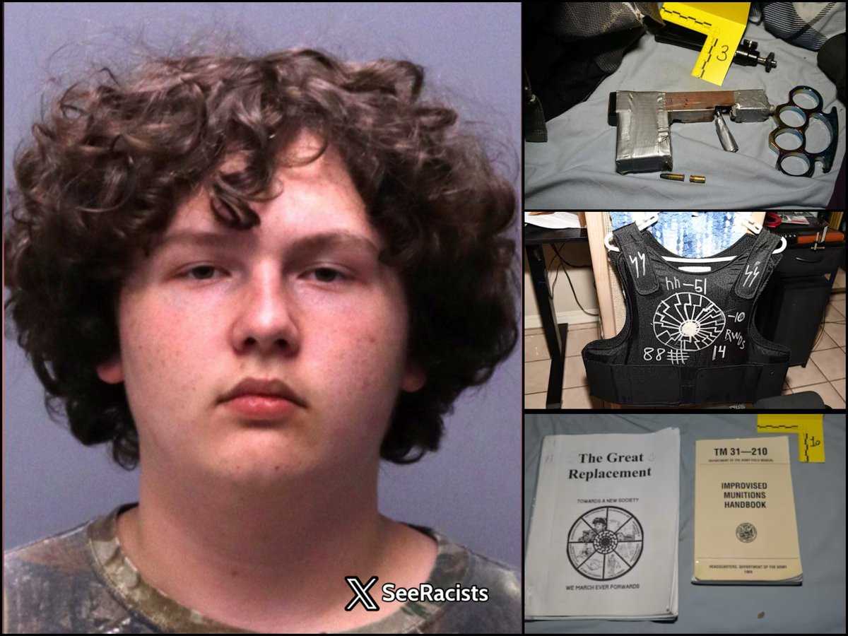 SeeRacists's tweet photo. 🚨 14-year-old Julian Davis was charged as an adult after building homemade firearms and explosives in his Florida bedroom.

Authorities found three homemade guns, explosive components, and a tactical vest covered in white supremacy drawings. He had been messaging a friend about robbing someone at gunpoint.

The sheriff said they stopped a potential tragedy.

A middle schooler spent years researching mass shooters and building weapons under his own roof. 

This is what ignored warning signs look like before they become the next headline.