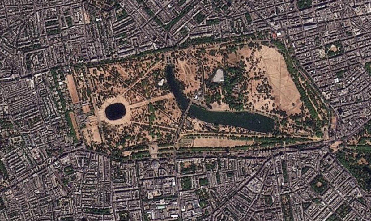 evanhill's tweet photo. London's Hyde Park, August 6, 2025 (L) and today (R). Southern England recorded its driest July on record, the Met Office recently announced. Images from @planet. https://t.co/ZeDtpMSdn8